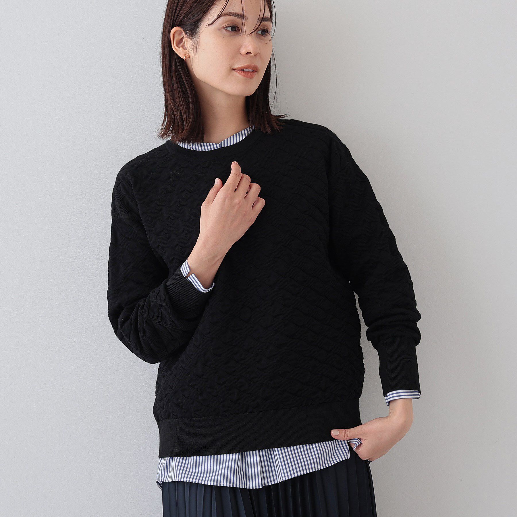 INDIVI「【洗える／コットン混】ふくれジャカードニット」|ニット・セーター|ブラック(019)