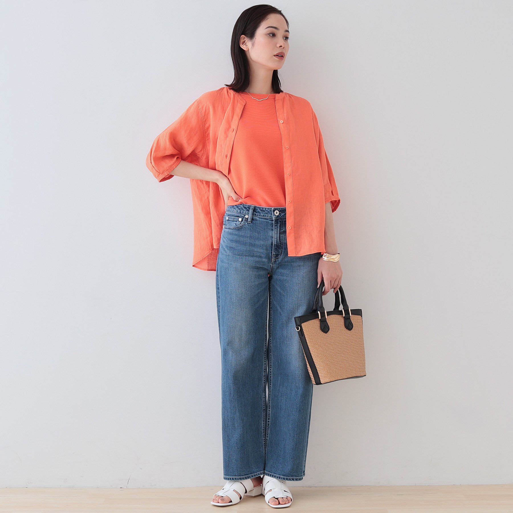 INDIVI「【毎年人気！／フレンチリネン】5分袖バンドカラーブラウス」|シャツ・ブラウス|