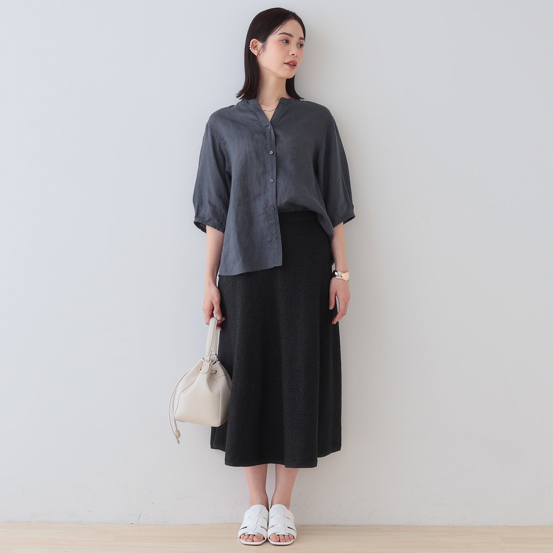 INDIVI「【毎年人気！／フレンチリネン】5分袖バンドカラーブラウス」|シャツ・ブラウス|