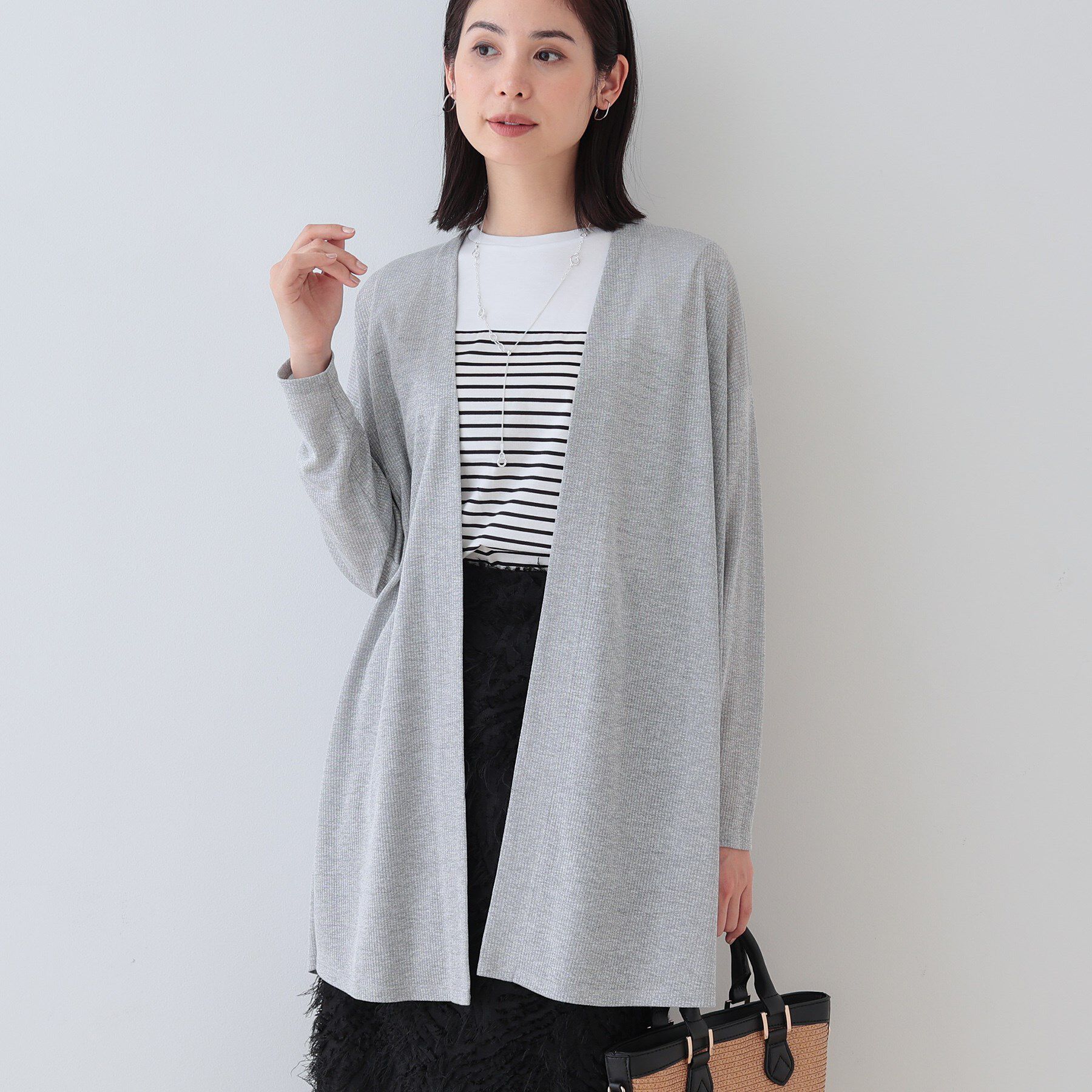 INDIVI「【洗える／シアーストライプ】ロング丈着流しカーディガン」|カーディガン|ライトグレー(411