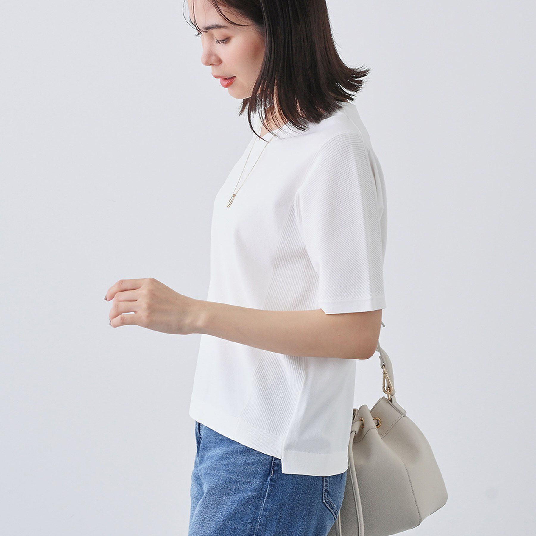 INDIVI「【洗える／清涼感】レーヨンストレッチ 安心丈の半袖ニット」|ニット・セーター|