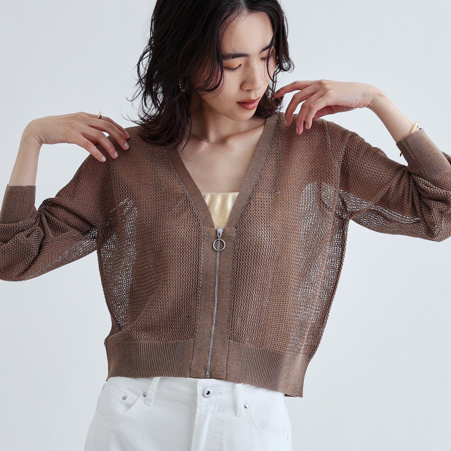 GALLEST「【再入荷】メッシュジップカーディガン」|カーディガン|ベージュ(052)