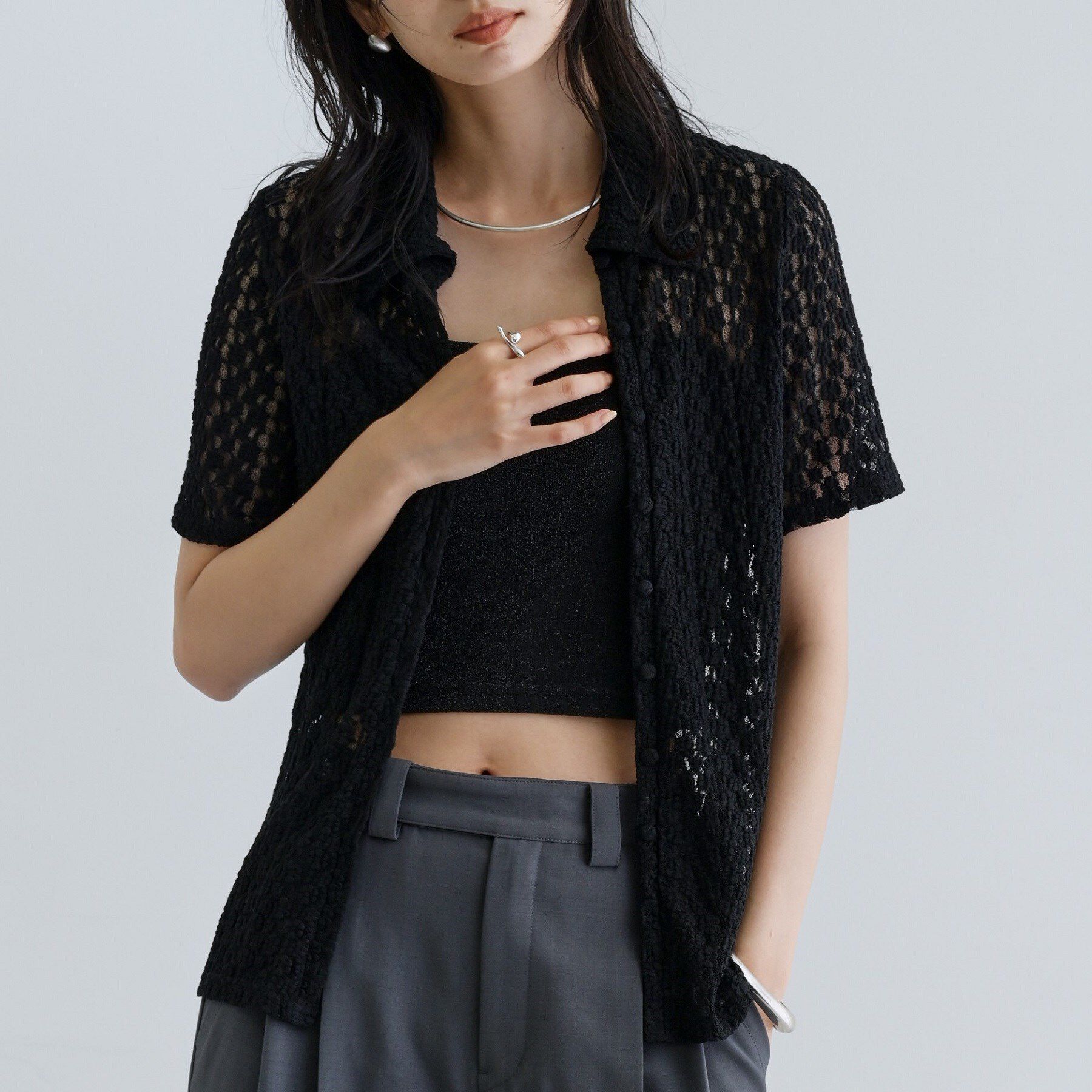 GALLEST「【一部店舗限定】カットレースポロ」|シャツ・ブラウス|ブラック(019)