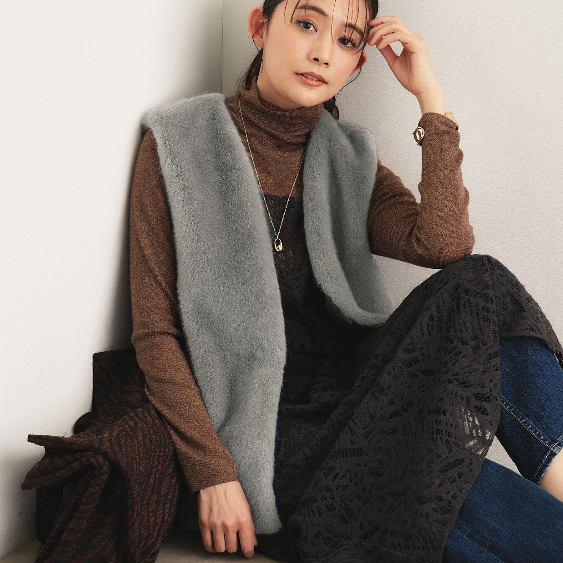 INDIVI「ミンク調フェイクファージレ」|ベスト・ジレ|