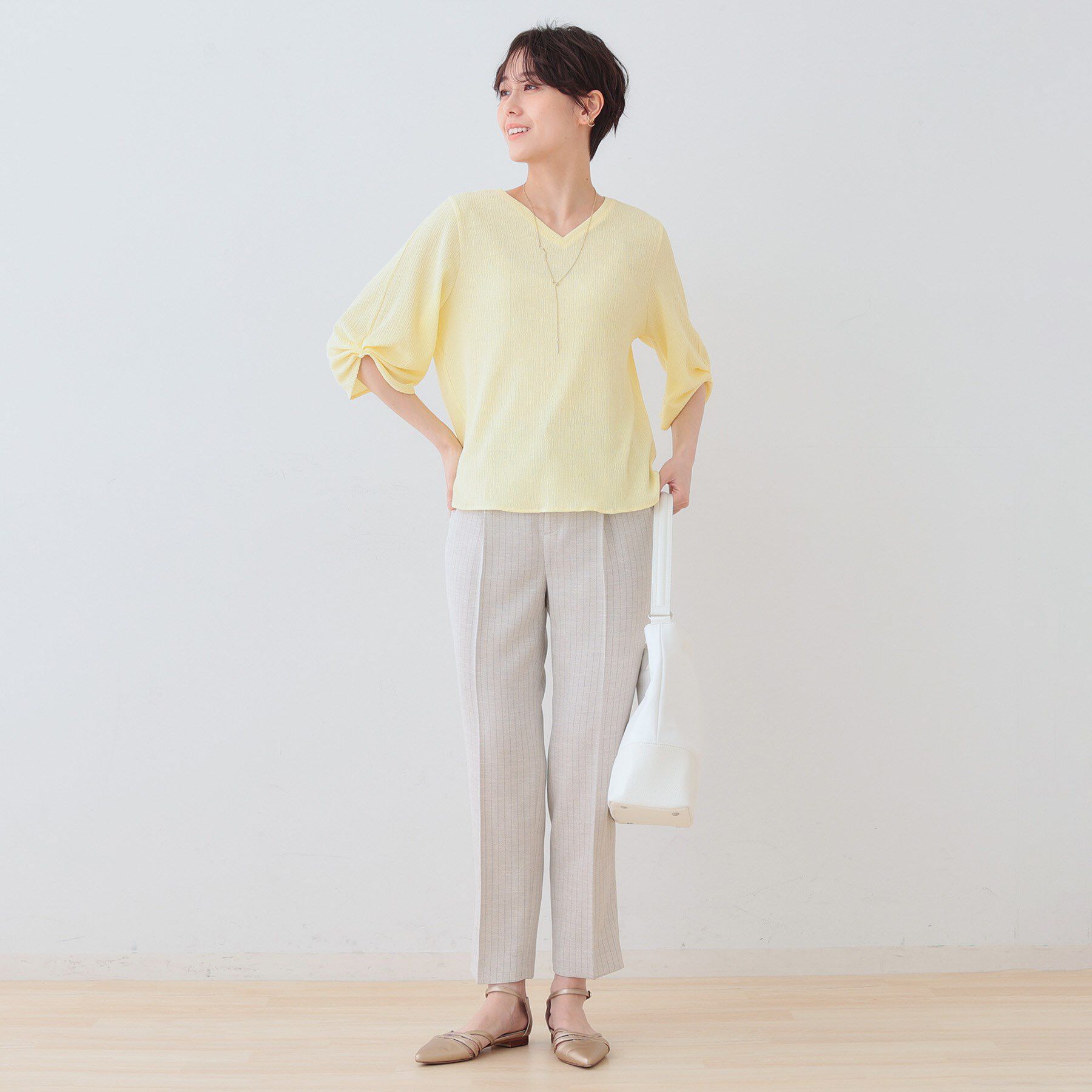 INDIVI「【洗える】タックデザインスリーブ ジャージトップス」|Tシャツ・カットソー|