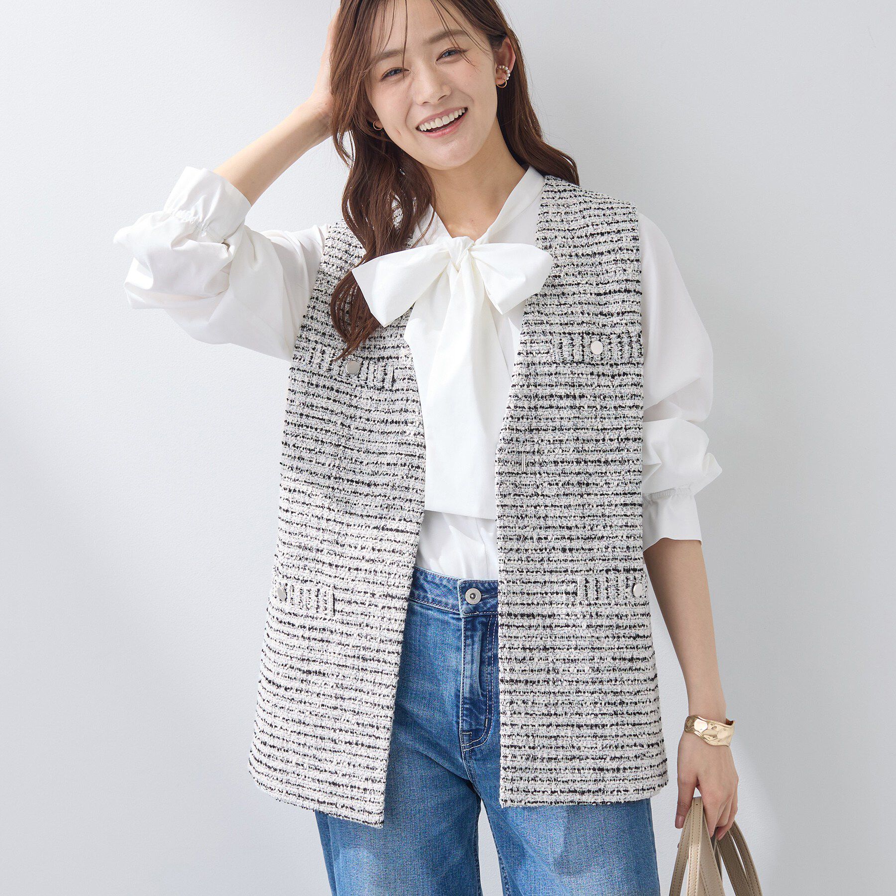 INDIVI「【2点セット／洗える】ツイードジレ＆ボウタイブラウス」|その他|オフホワイト(403