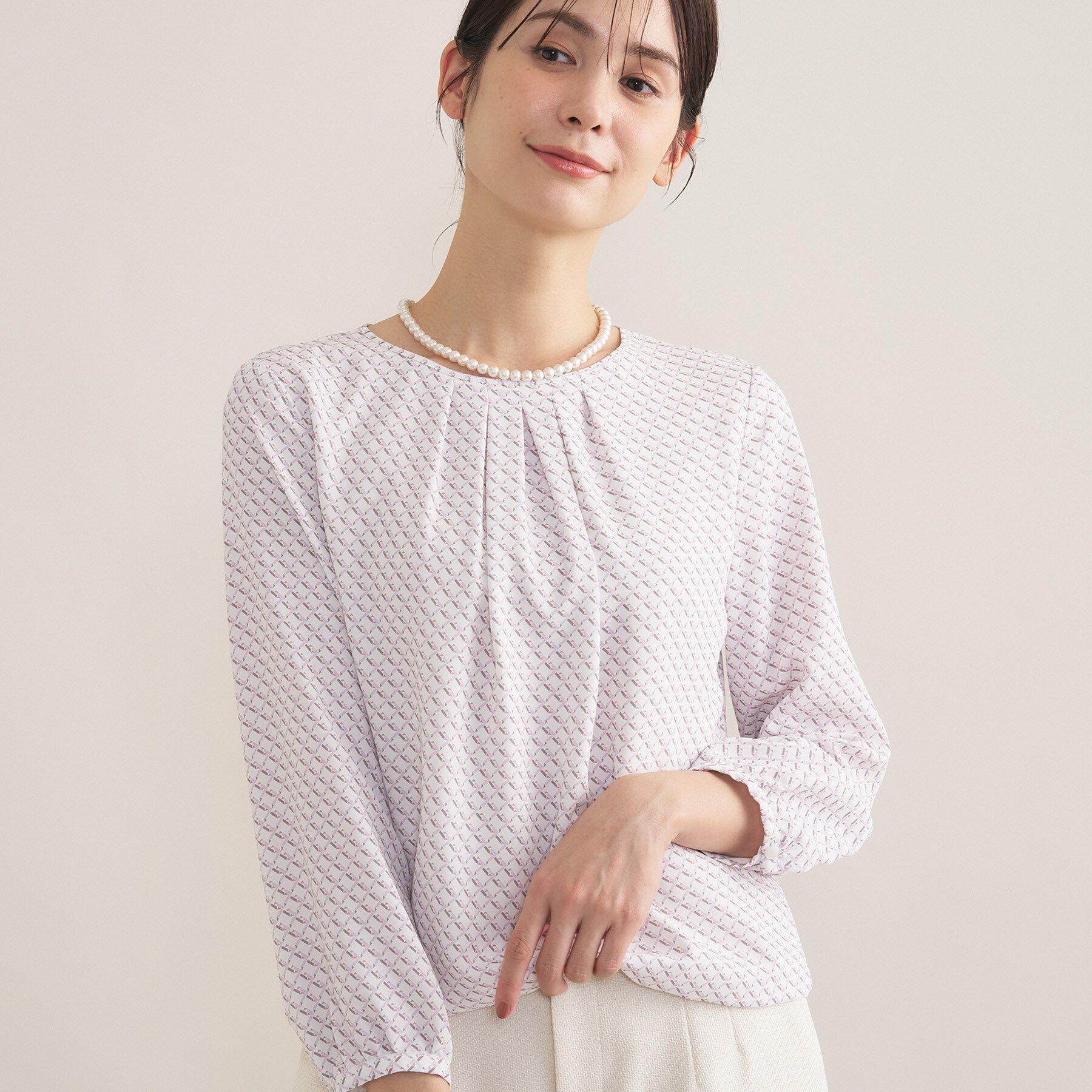 INDIVI「【洗える／透けにくい】ダイヤ柄プリントブラウス」|シャツ・ブラウス|ライトピンク(170