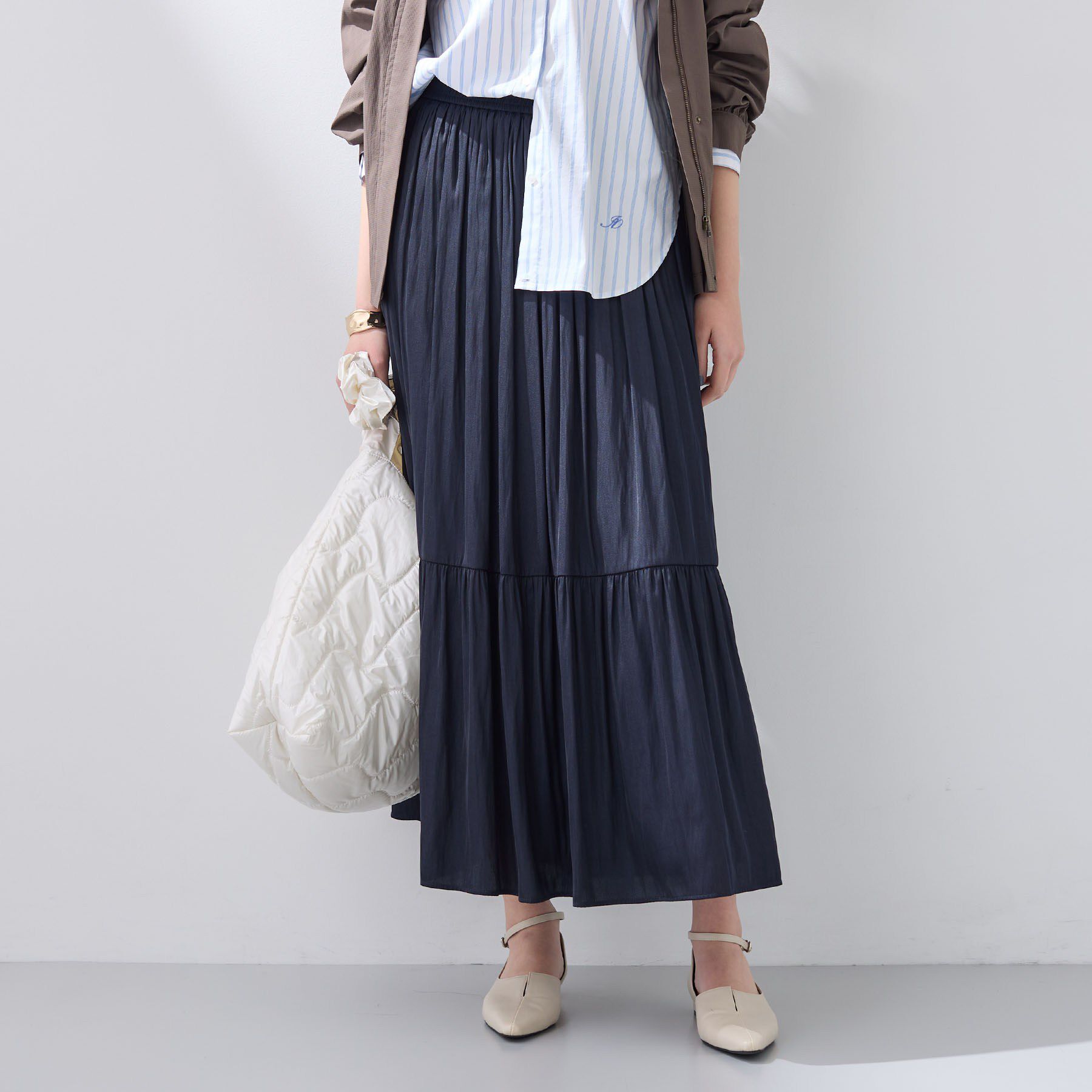 INDIVI「【洗える／丈調整可能】ギャザーフレアスカート」|スカート|ネイビー(094)