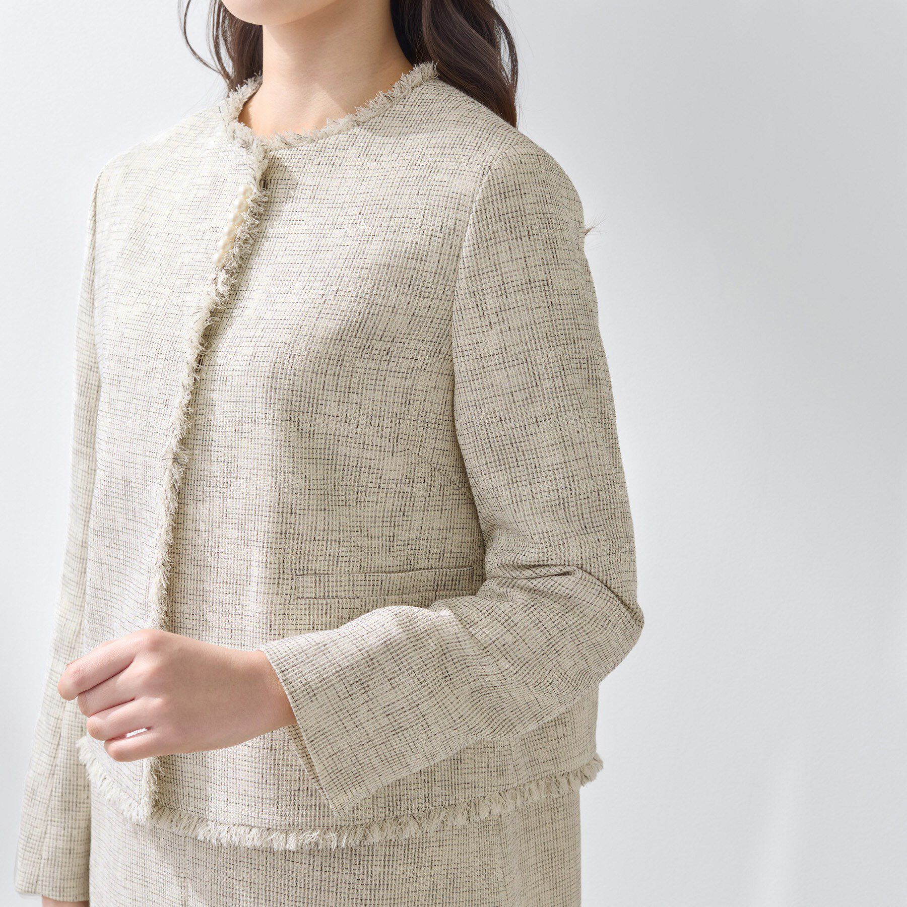 INDIVI「【軽量／SETUP可能】ストレッチツイードジャケット」|ノーカラージャケット|