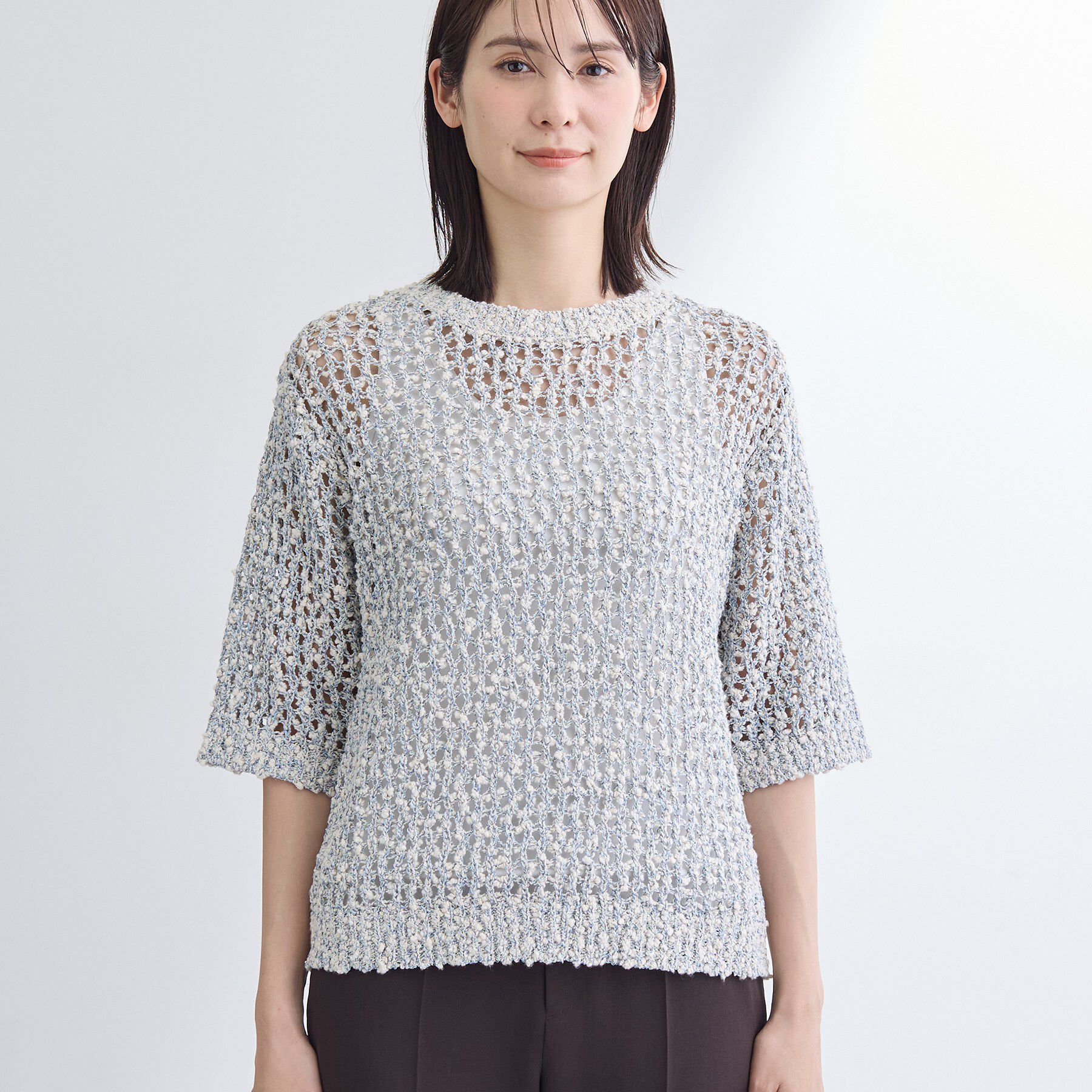 INDIVI「【洗える／ラメ混／5分袖】イタリア糸ファンシーヤーンニット」|ニット・セーター|