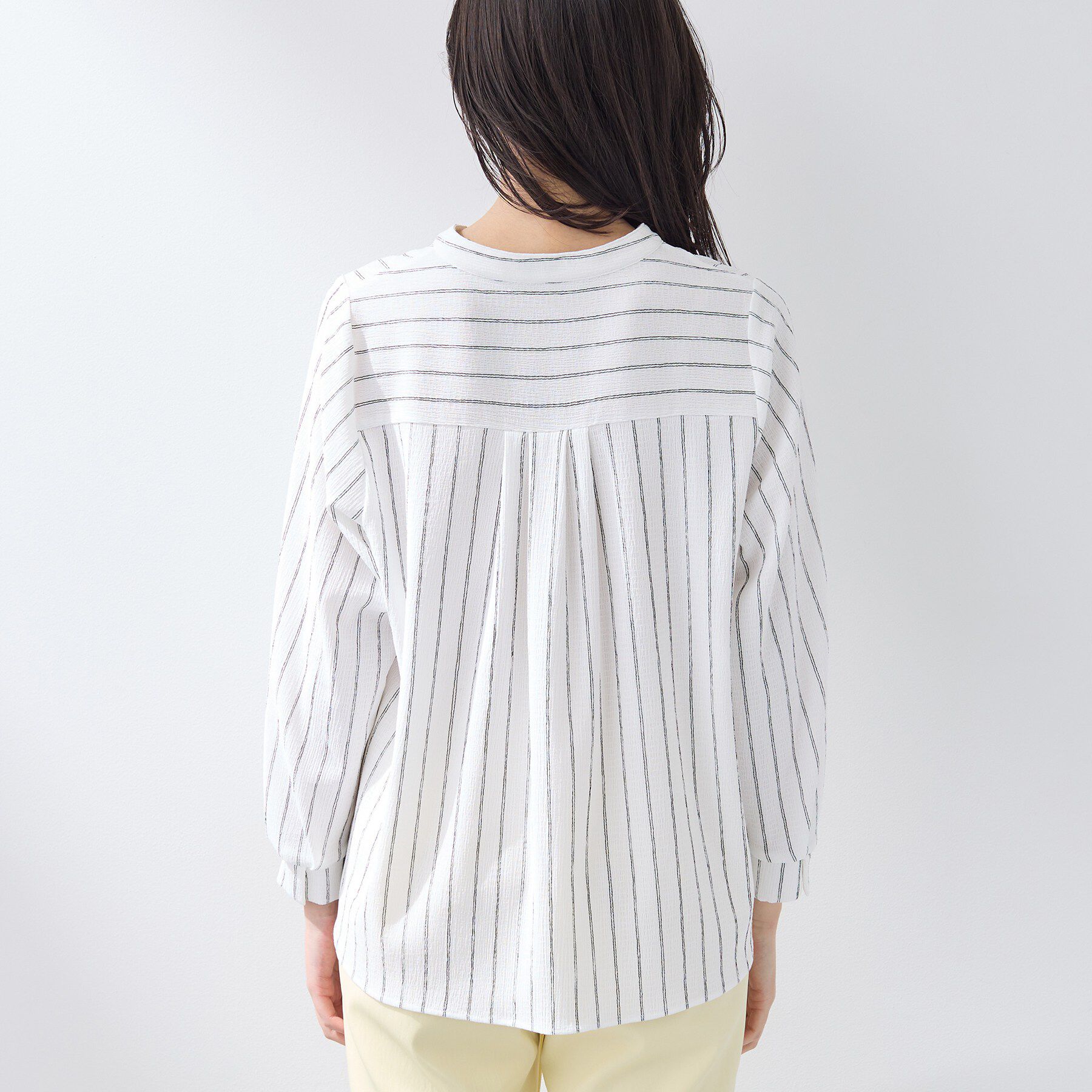 INDIVI「【洗える／着心地楽ちん】ブラウス風ストライプカットソートップス」|Tシャツ・カットソー|