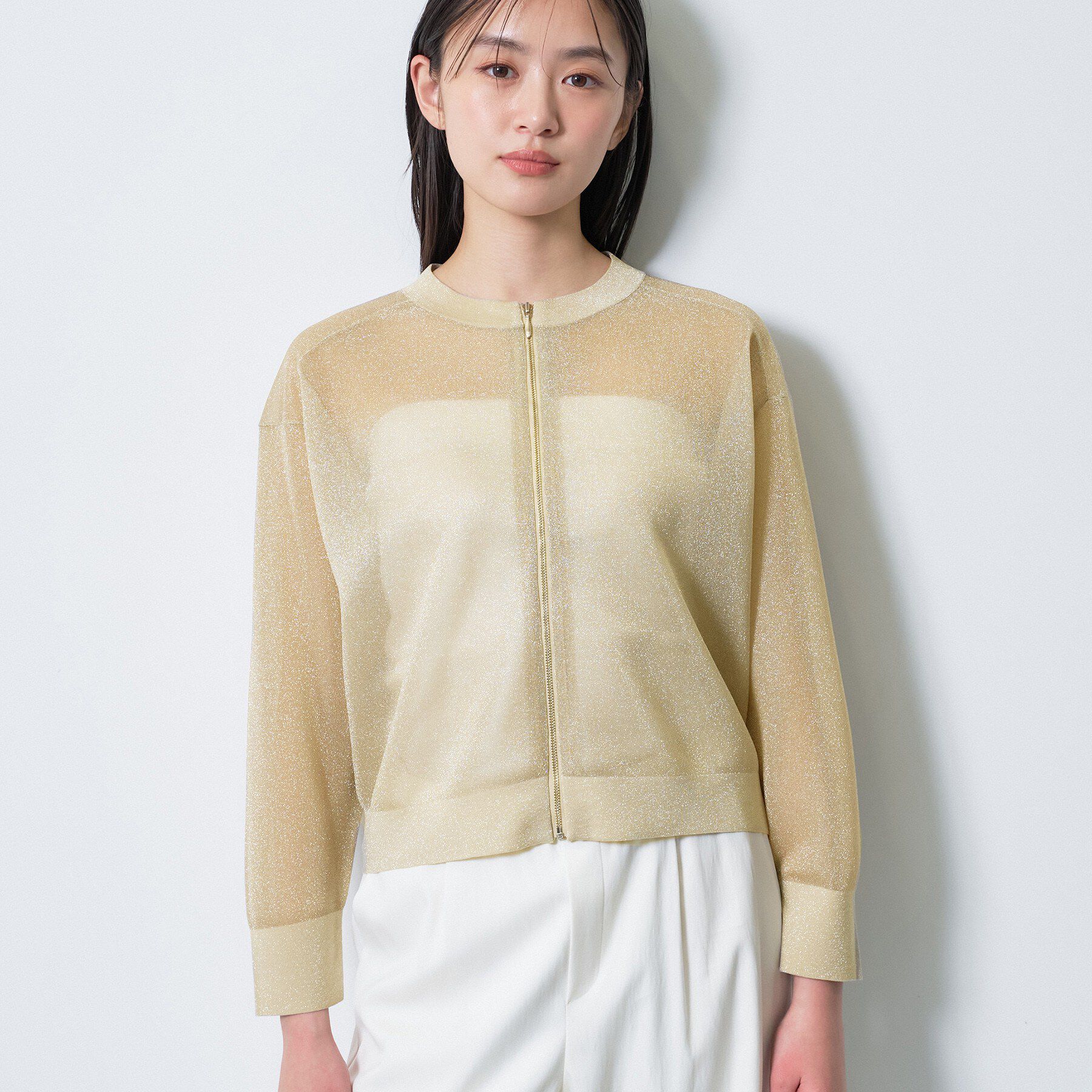 INDIVI「【洗える／シアーラメ】ブルゾン風ジップアップニットカーディガン」|カーディガン|