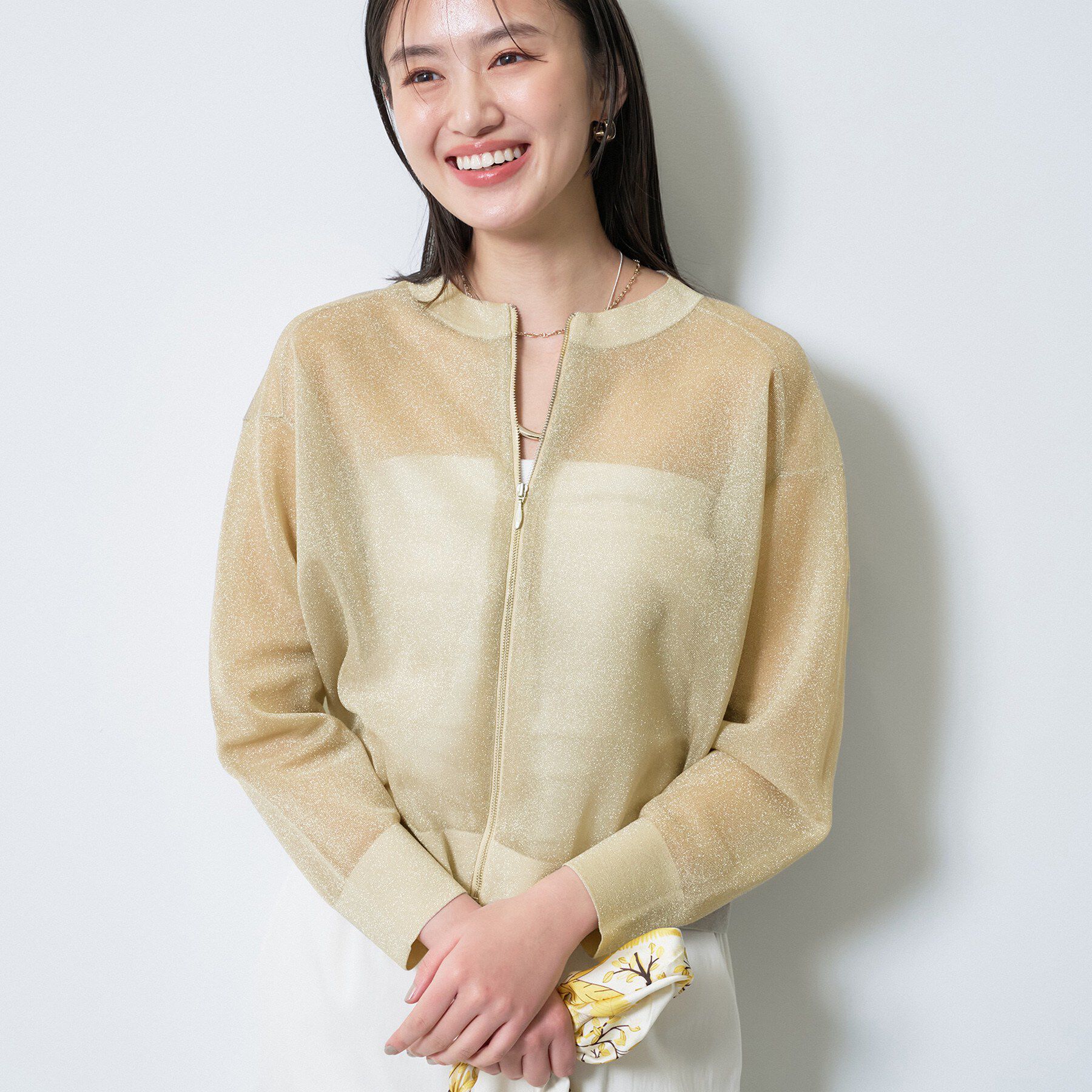 INDIVI「【洗える／シアーラメ】ブルゾン風ジップアップニットカーディガン」|カーディガン|