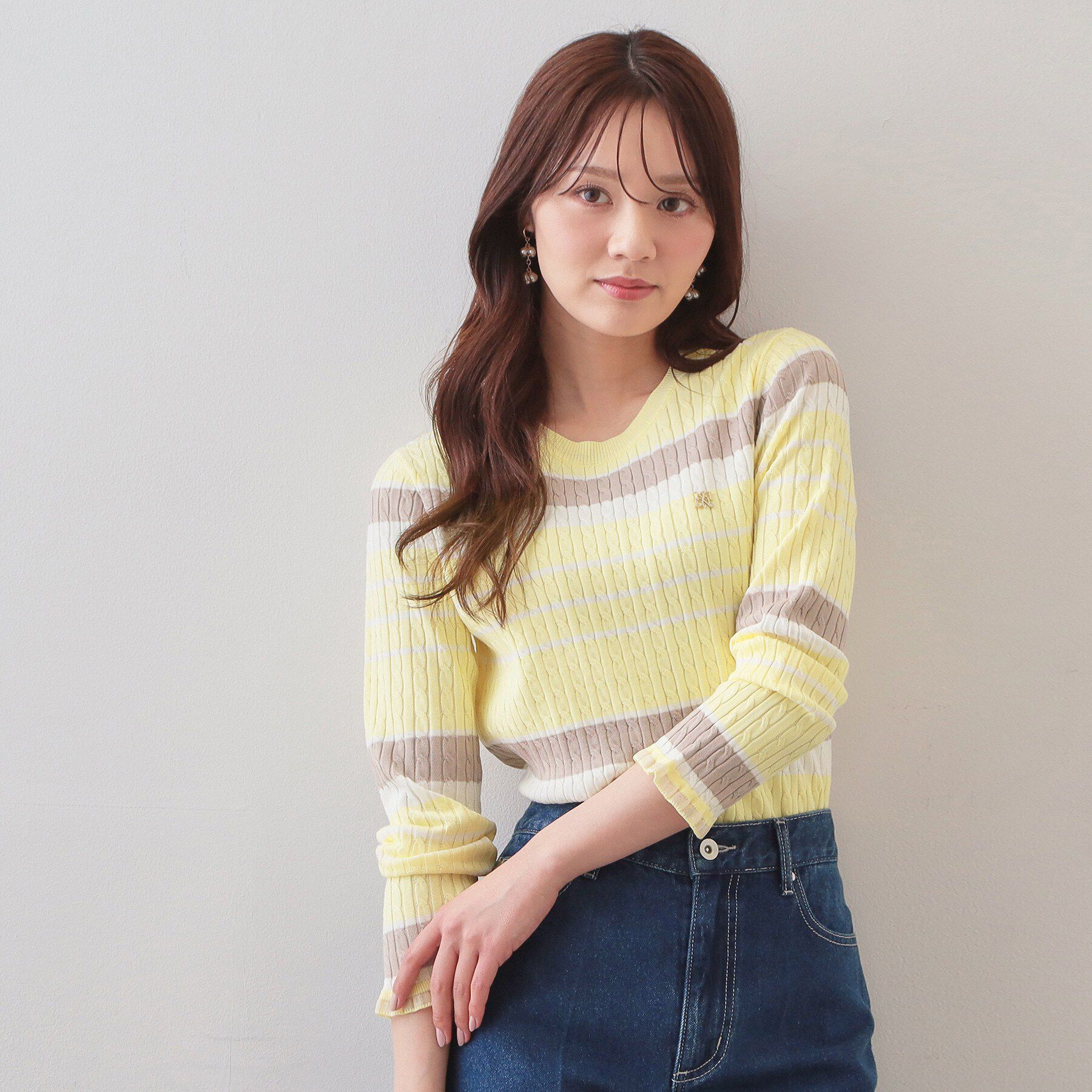 index「ランダムボーダーケーブルニット【洗濯機OK/抗ピル】」|ニット・セーター|ライトイエロー(33
