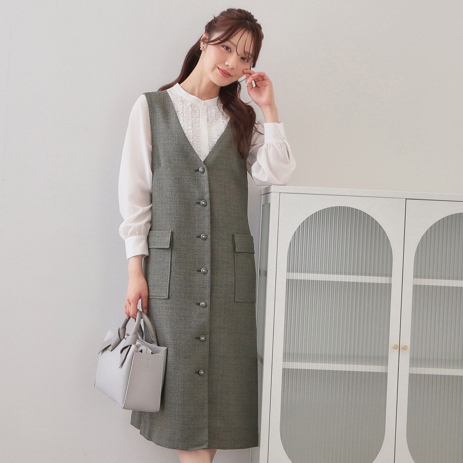 index「サマーツイード前開きジャンスカ【洗濯機OK/イージーアイロン】」|ワンピース|チャコールグレー(4