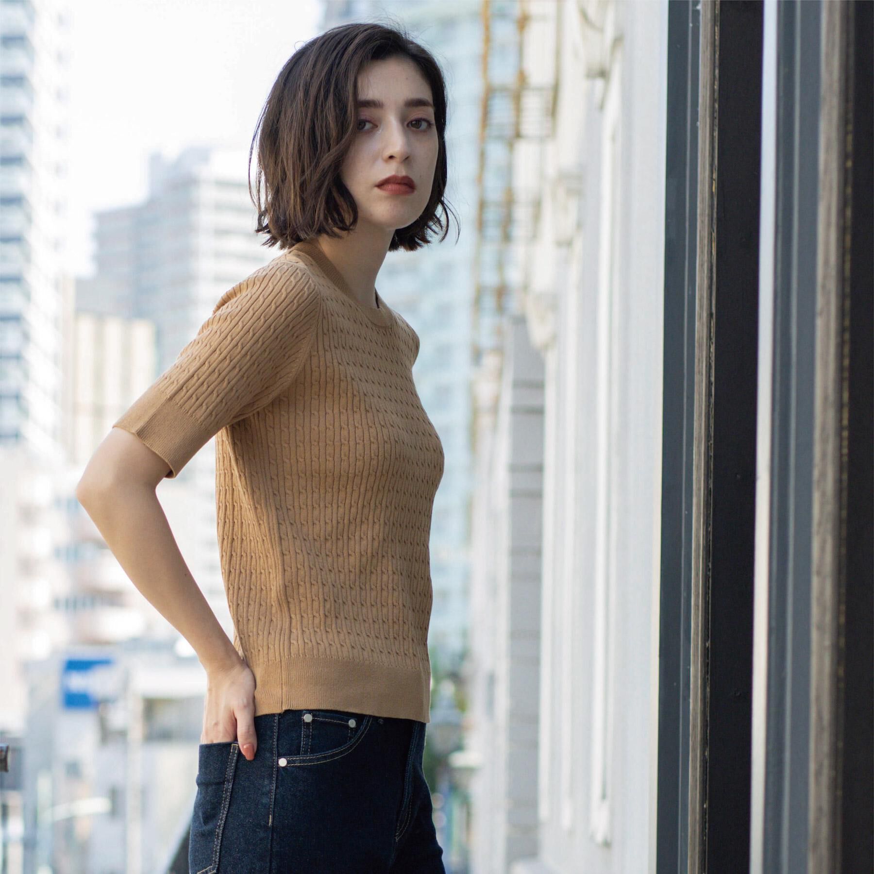 OPAQUE.CLIP「ケーブルハーフスリーブニット【UVケア/洗濯機OK】《6col/S～LL》」|ニット・セーター|