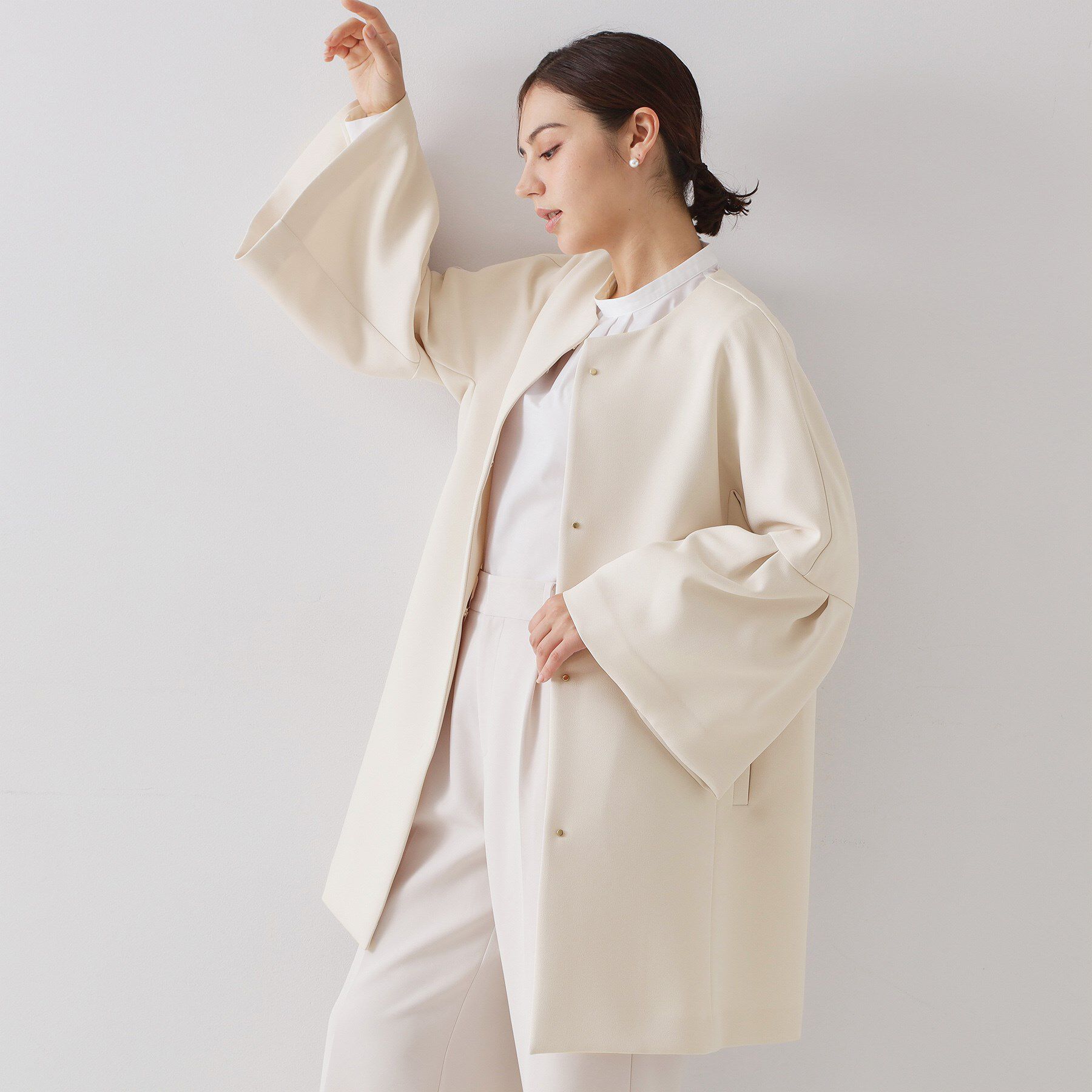 OPAQUE.CLIP「フレアスリーブミドルコート【洗濯機OK】」|ノーカラーコート|