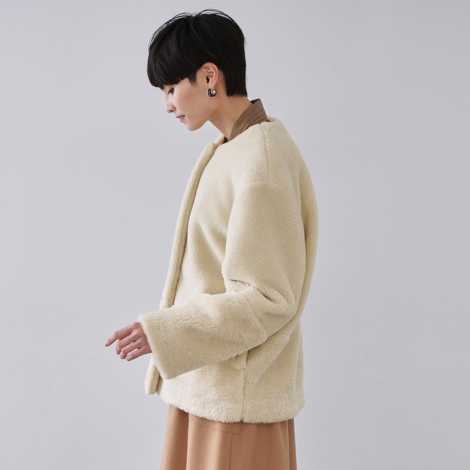 OPAQUE.CLIP「フェイクボア切替ショートコート」|ノーカラーコート|