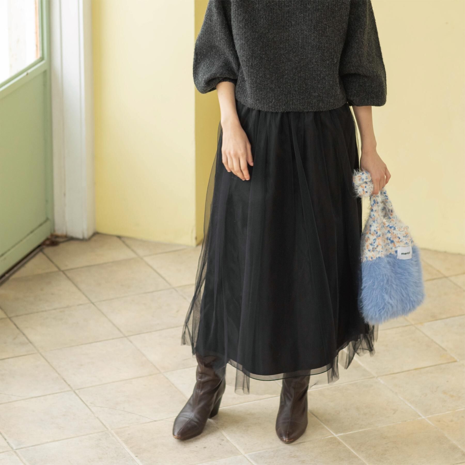 OPAQUE.CLIP「チュールイージーギャザースカート【洗濯機OK】」|スカート|ブラック(019)