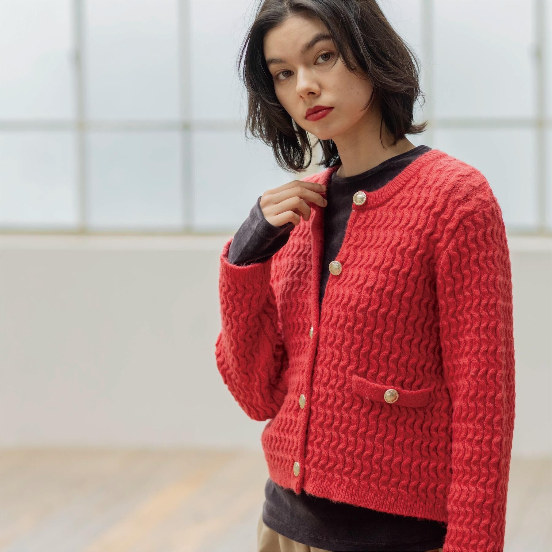 OPAQUE.CLIP「モヘヤタッチケーブル金ボタンカーディガン【洗濯機OK】」|カーディガン|