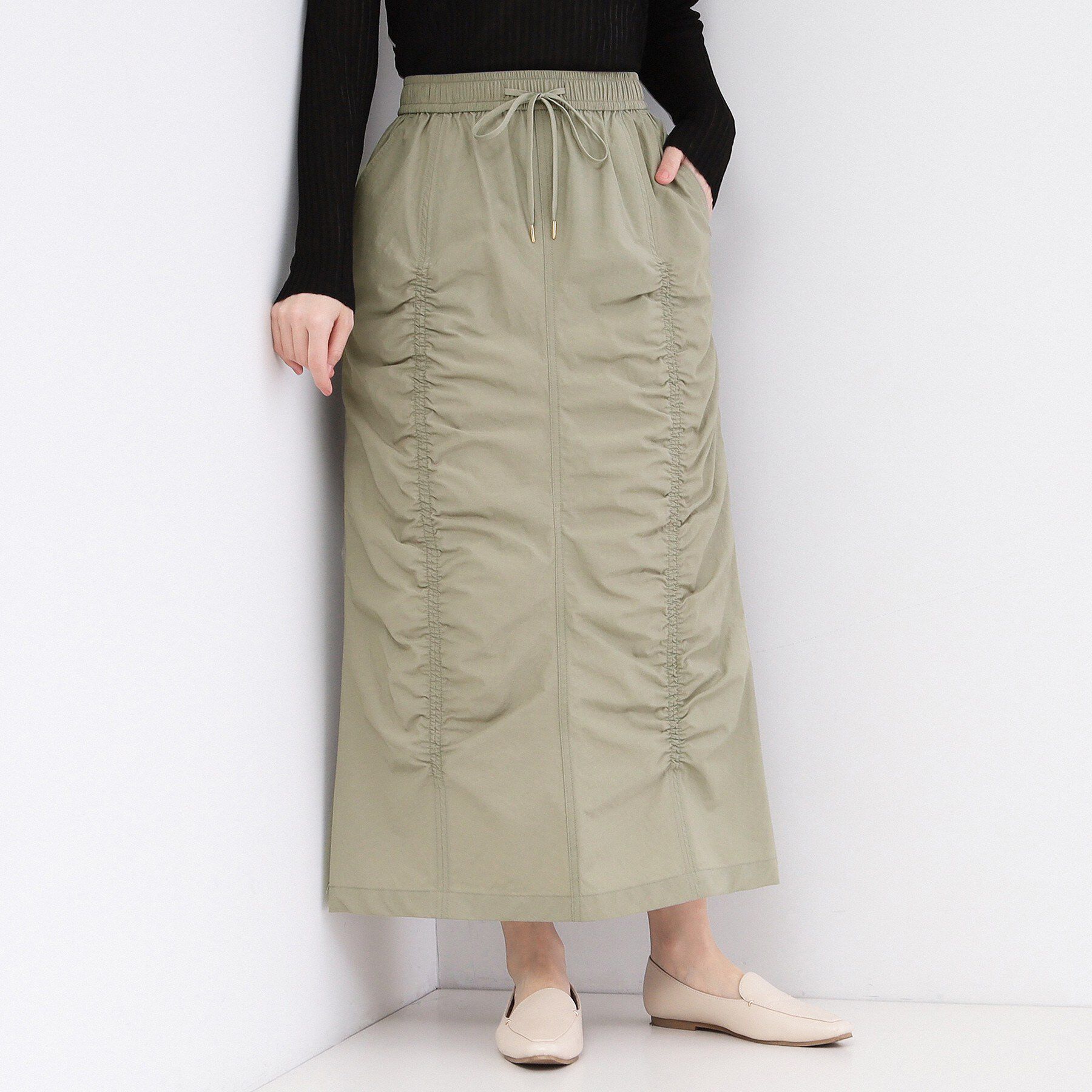 OPAQUE.CLIP「撥水シャーリングナロースカート【洗濯機OK/UVケア/花粉対応】」|スカート|カーキ(027)