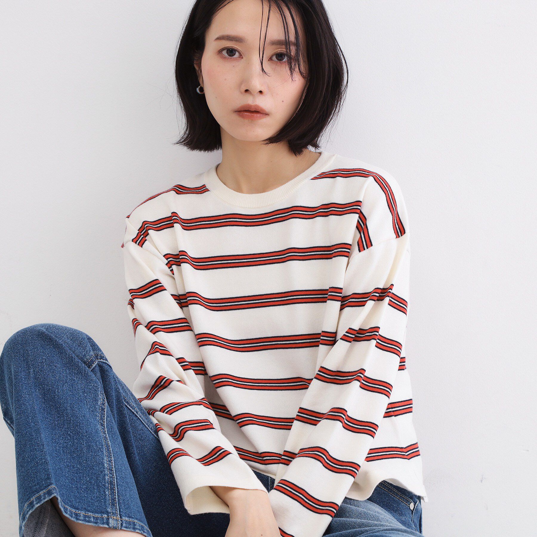 OPAQUE.CLIP「マルチボーダーニット【洗濯機OK】」|ニット・セーター|ホワイト(301)