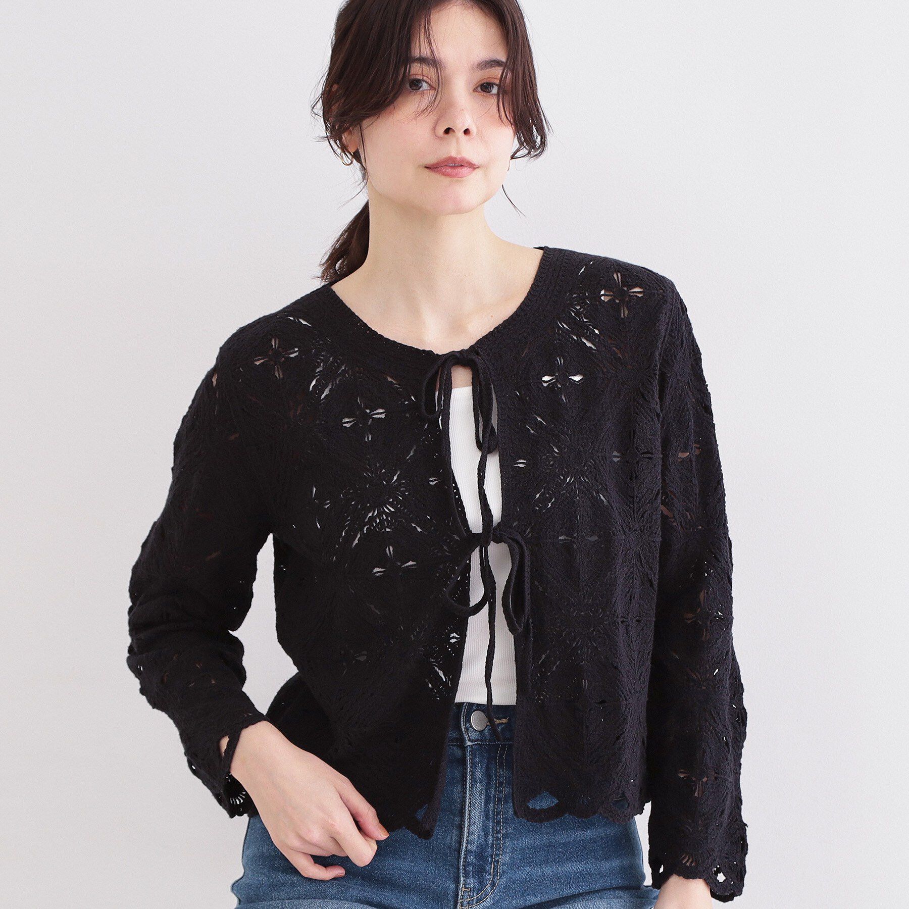 OPAQUE.CLIP「かぎ針風ニットカーディガン【洗濯機OK】」|カーディガン|ブラック(019)