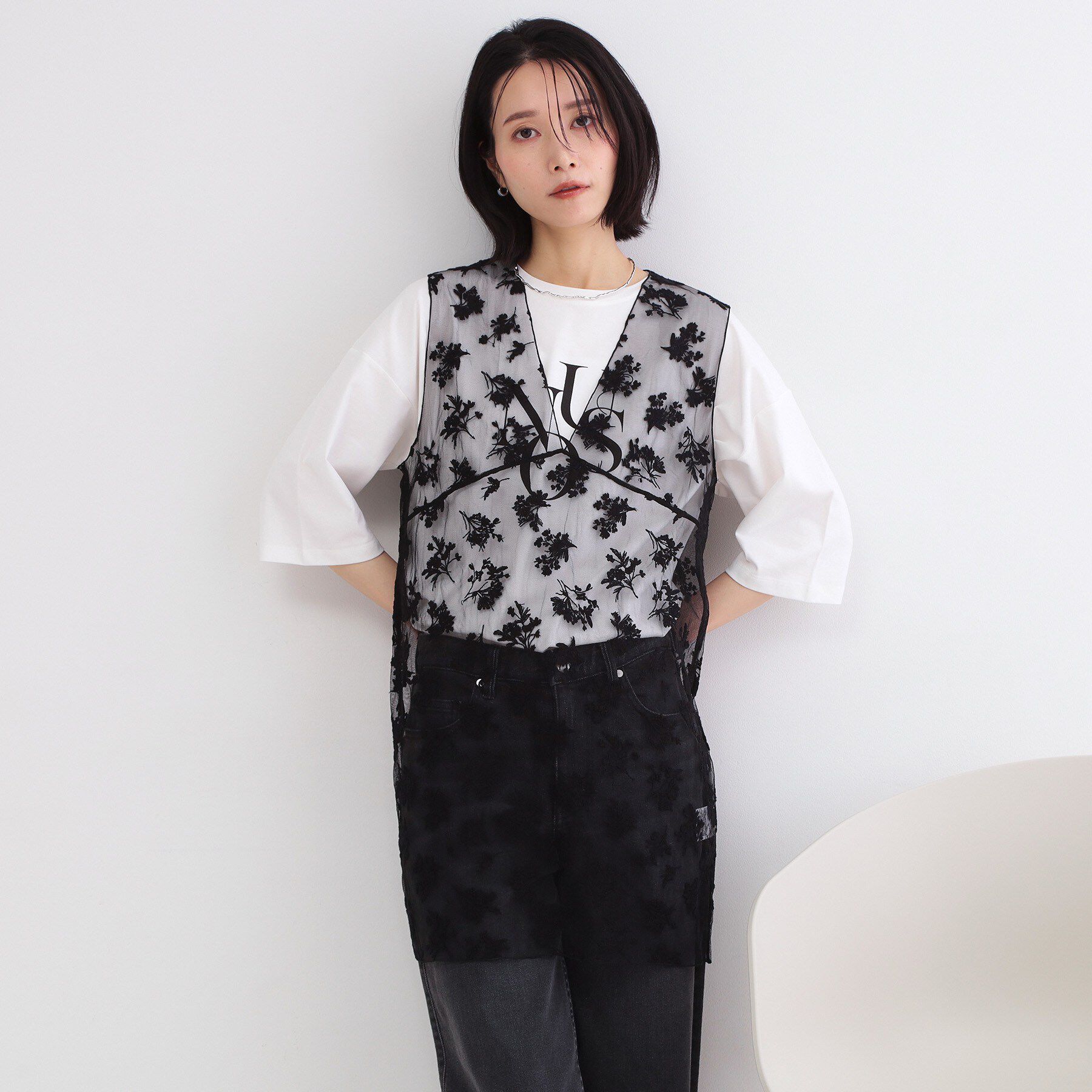 OPAQUE.CLIP「シアー刺繍チュニックブラウス【洗濯機OK】」|シャツ・ブラウス|ブラック(019)