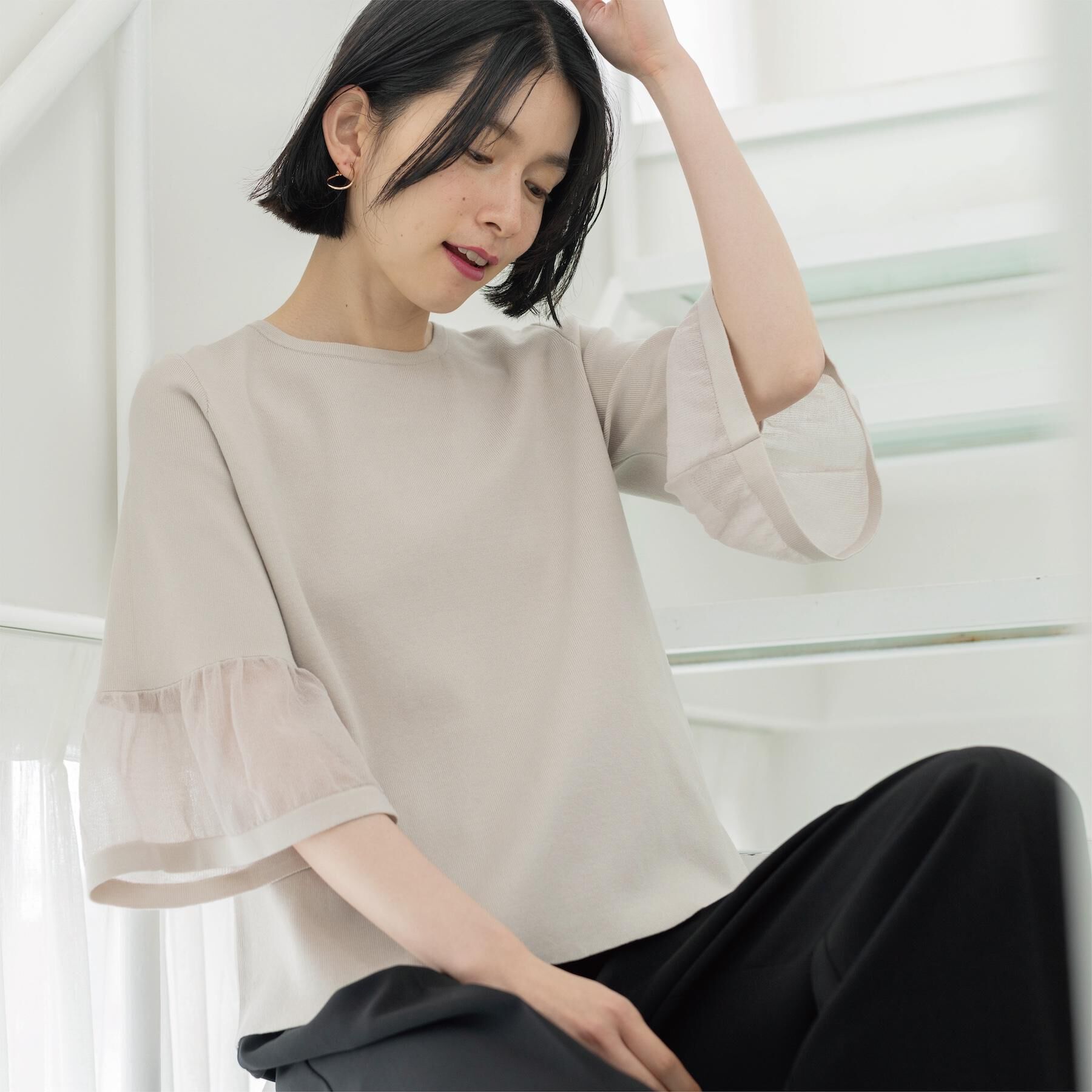 OPAQUE.CLIP「シアーフレアスリーブニット【洗濯機OK/抗ピル】」|ニット・セーター|ライトグレー(011