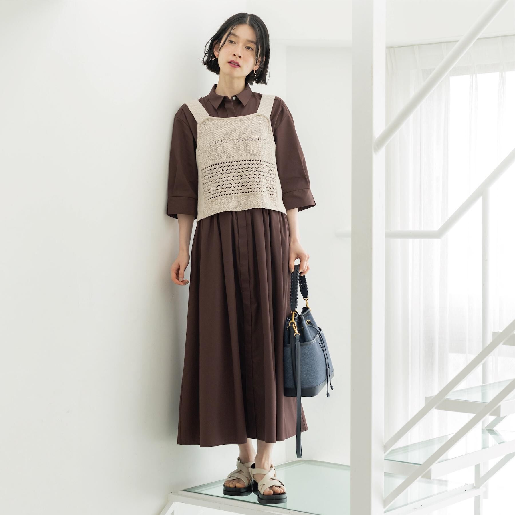 OPAQUE.CLIP「サッシュリボンベルト付きフレアシャツワンピース【洗濯機OK/防シワ加工】」|ワンピース|