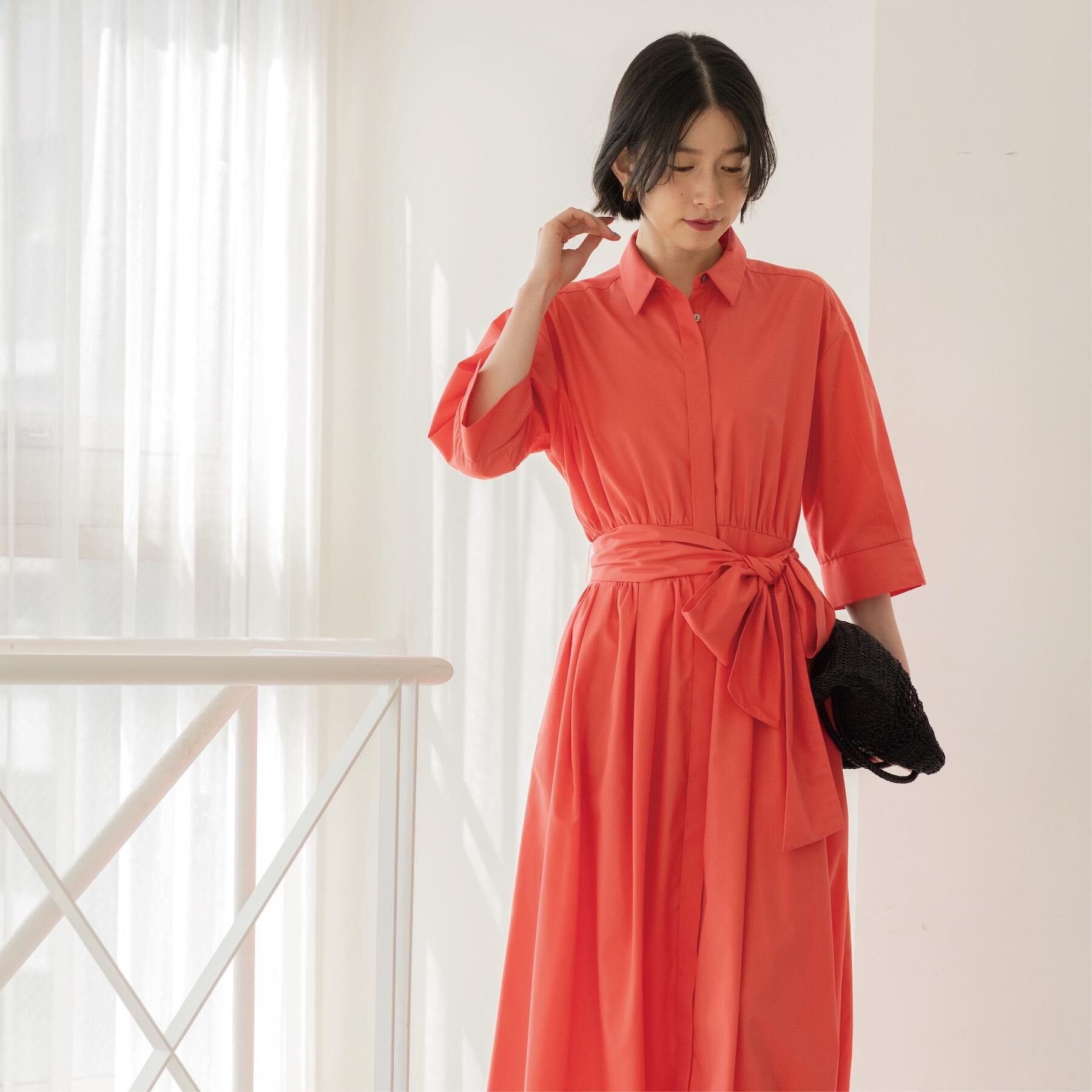 OPAQUE.CLIP「サッシュリボンベルト付きフレアシャツワンピース【洗濯機OK/防シワ加工】」|ワンピース|