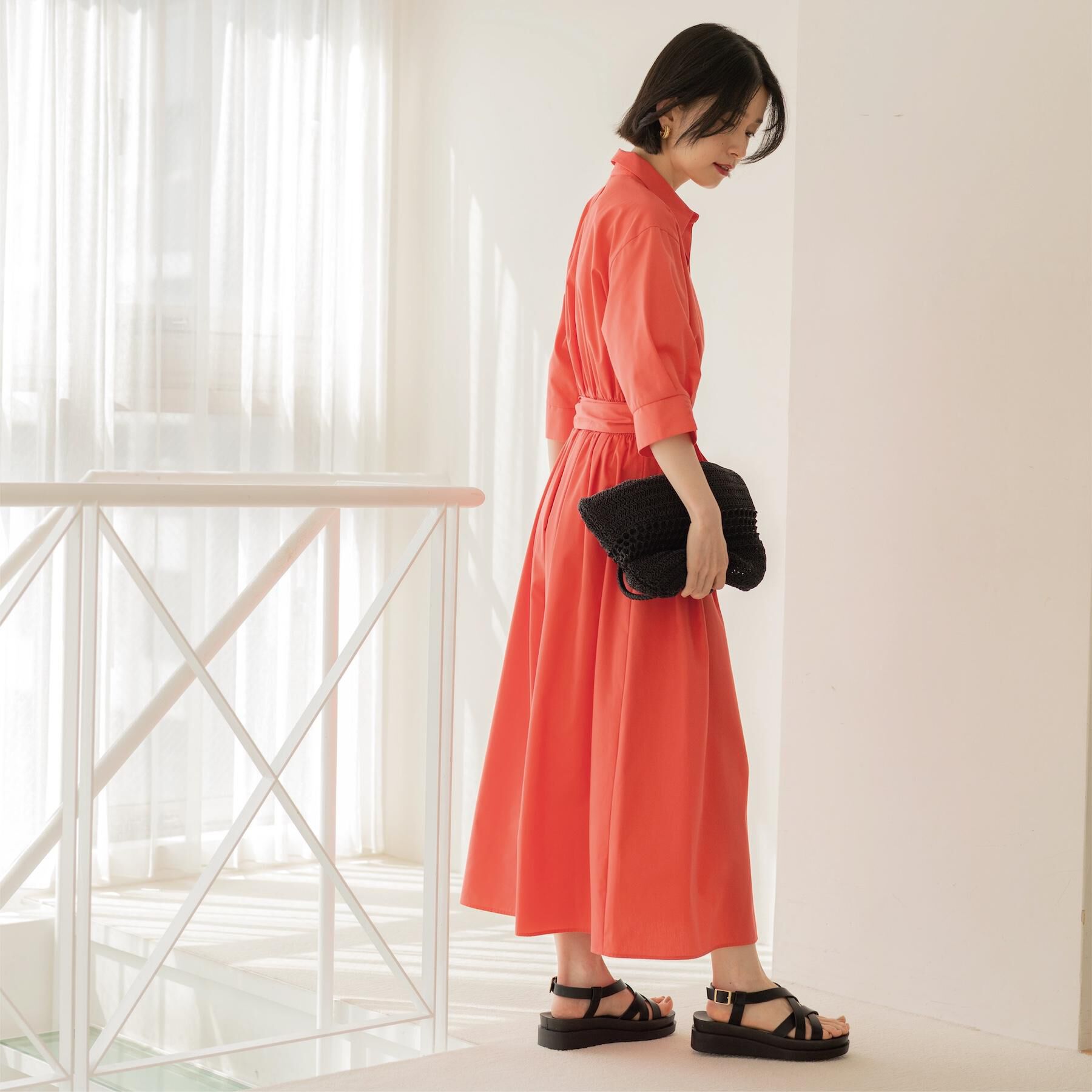 OPAQUE.CLIP「サッシュリボンベルト付きフレアシャツワンピース【洗濯機OK/防シワ加工】」|ワンピース|