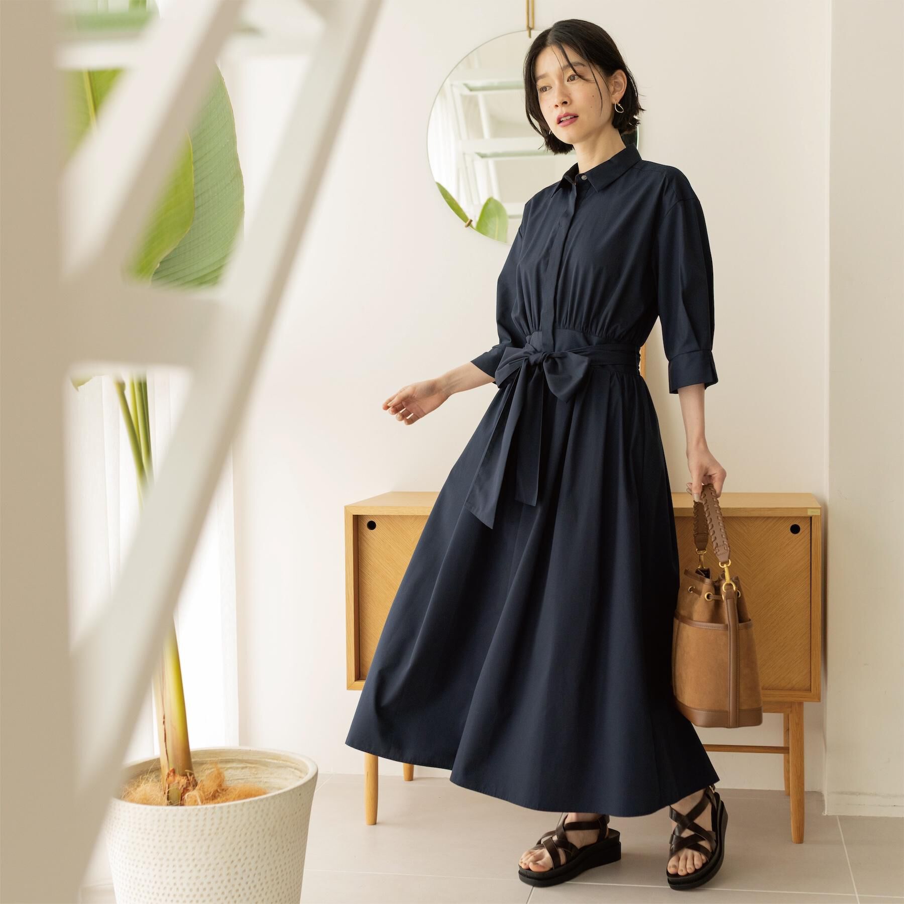 OPAQUE.CLIP「サッシュリボンベルト付きフレアシャツワンピース【洗濯機OK/防シワ加工】」|ワンピース|