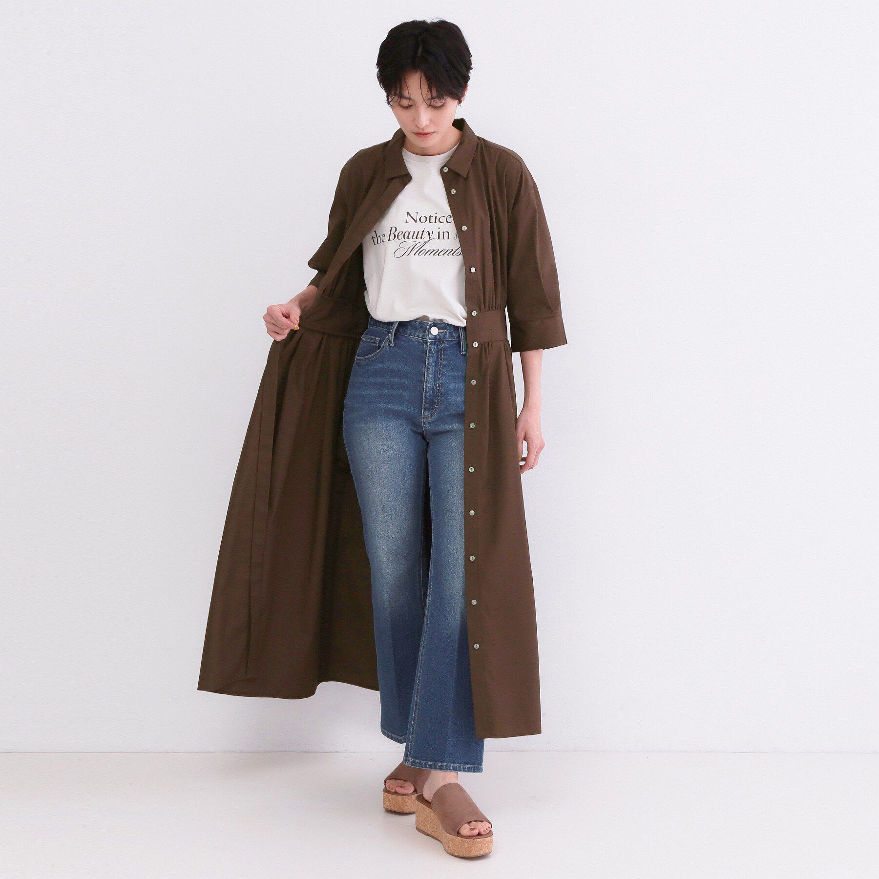 OPAQUE.CLIP「サッシュリボンベルト付きフレアシャツワンピース【洗濯機OK/防シワ加工】」|ワンピース|