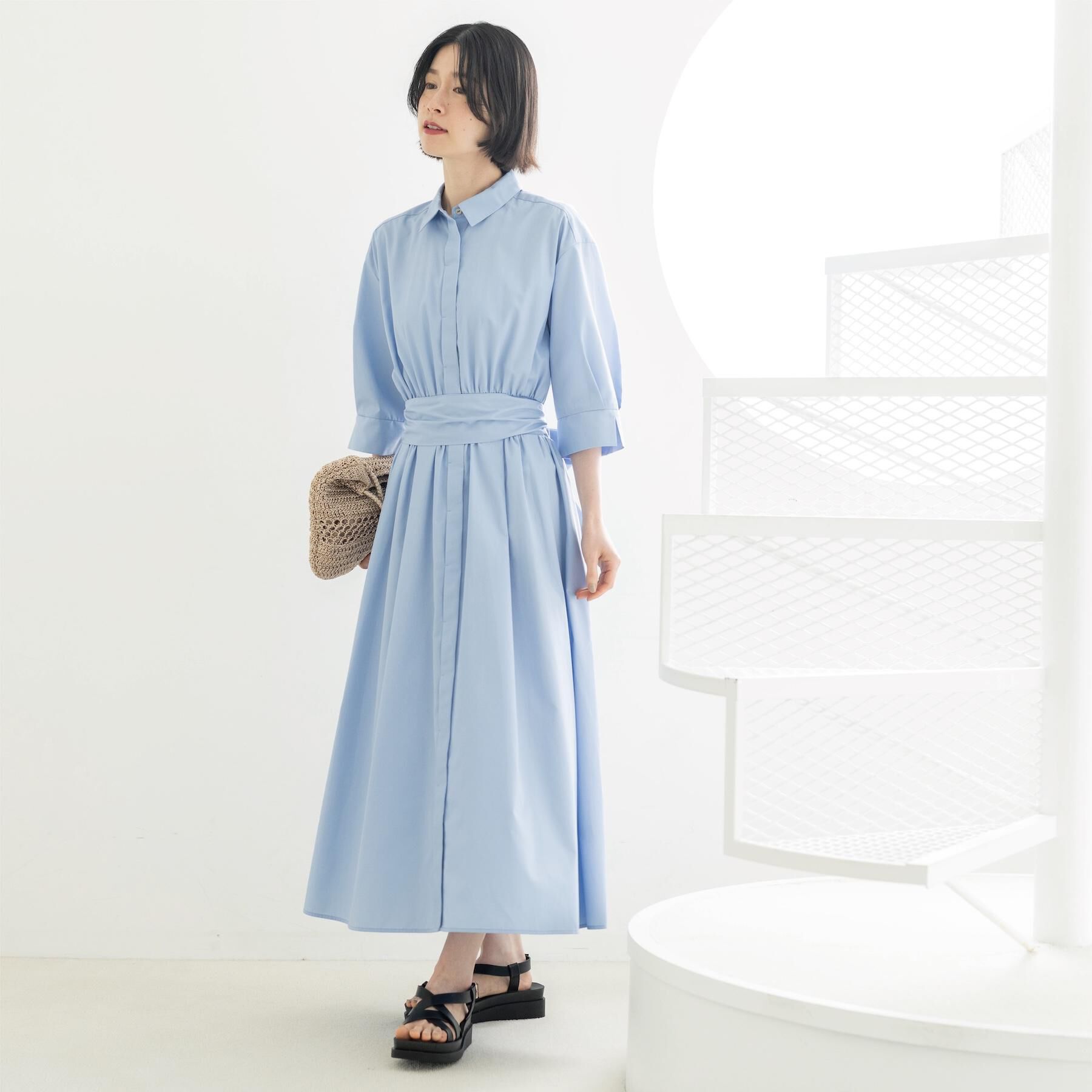 OPAQUE.CLIP「サッシュリボンベルト付きフレアシャツワンピース【洗濯機OK/防シワ加工】」|ワンピース|