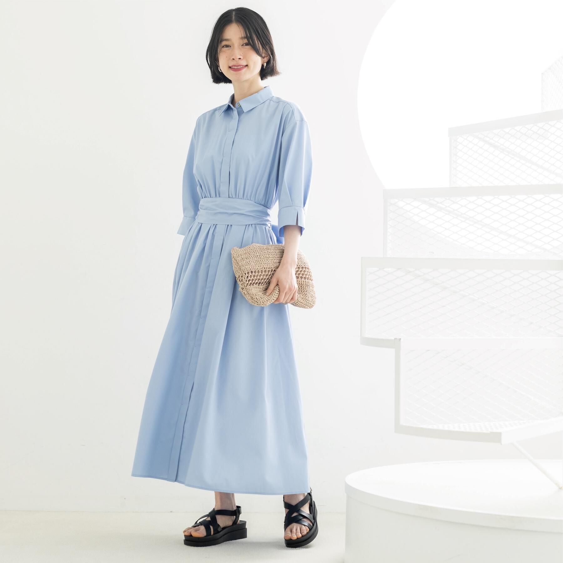 OPAQUE.CLIP「サッシュリボンベルト付きフレアシャツワンピース【洗濯機OK/防シワ加工】」|ワンピース|