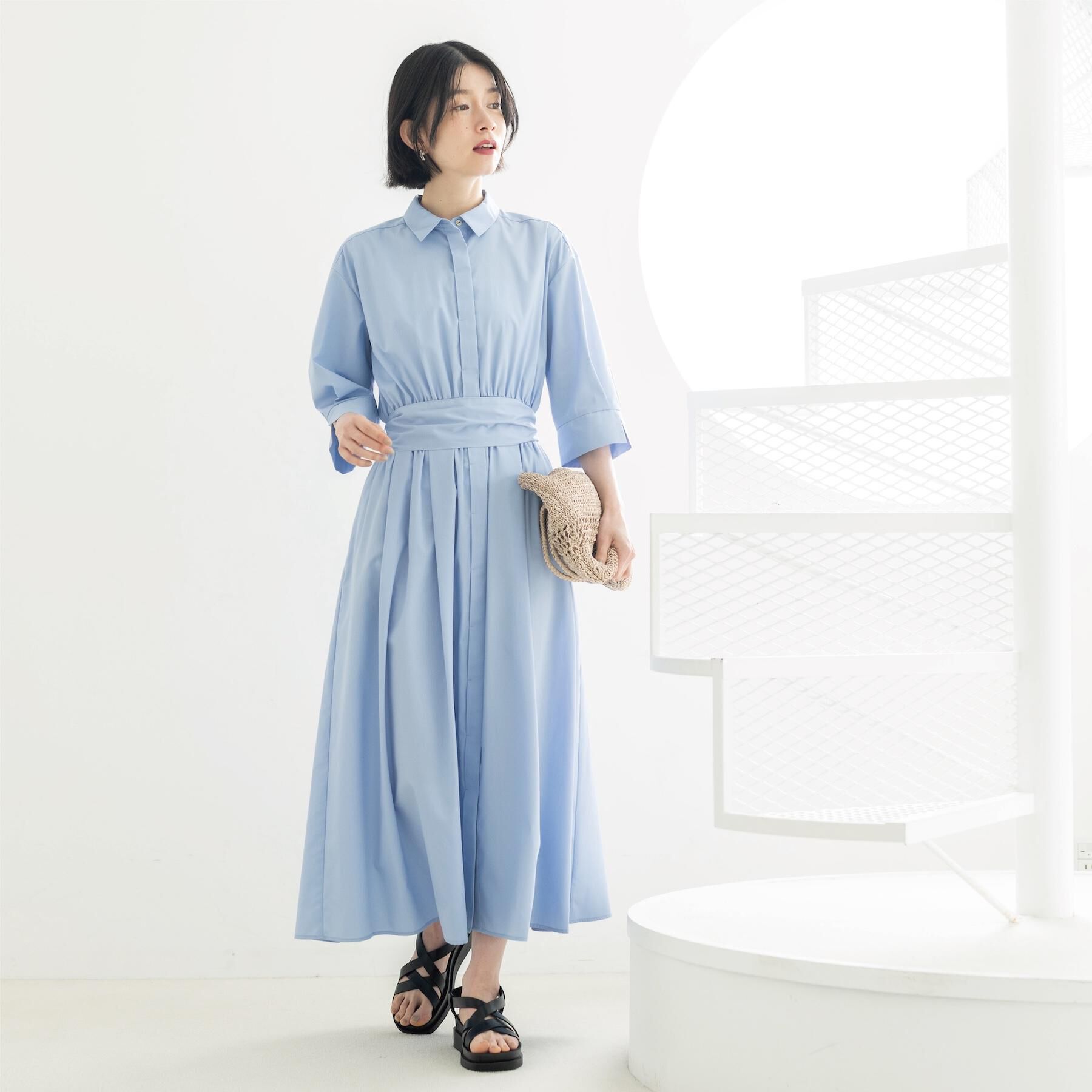 OPAQUE.CLIP「サッシュリボンベルト付きフレアシャツワンピース【洗濯機OK/防シワ加工】」|ワンピース|