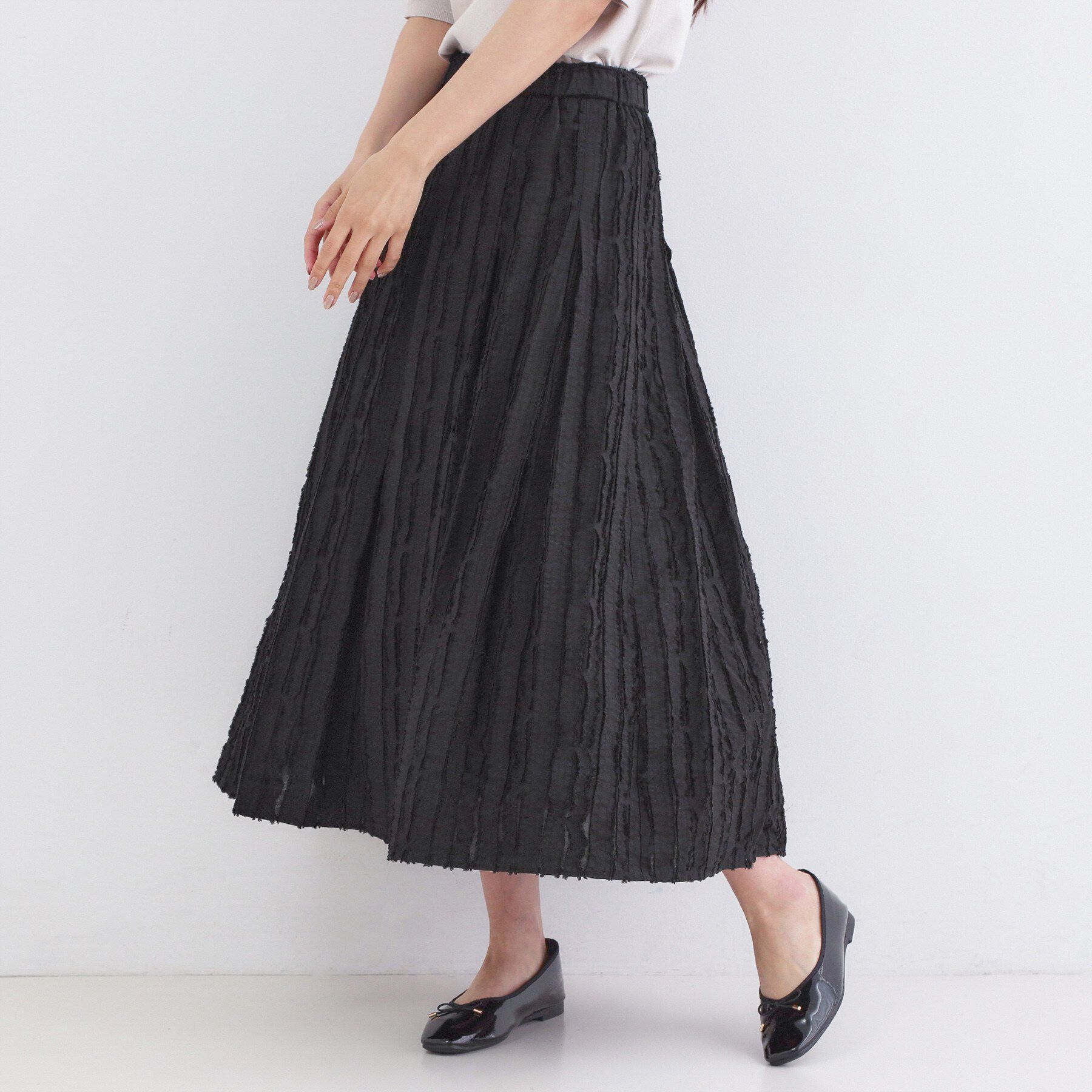 OPAQUE.CLIP「フリンジジャカード タックフレアスカート【洗濯機OK】」|スカート|ブラック(019)