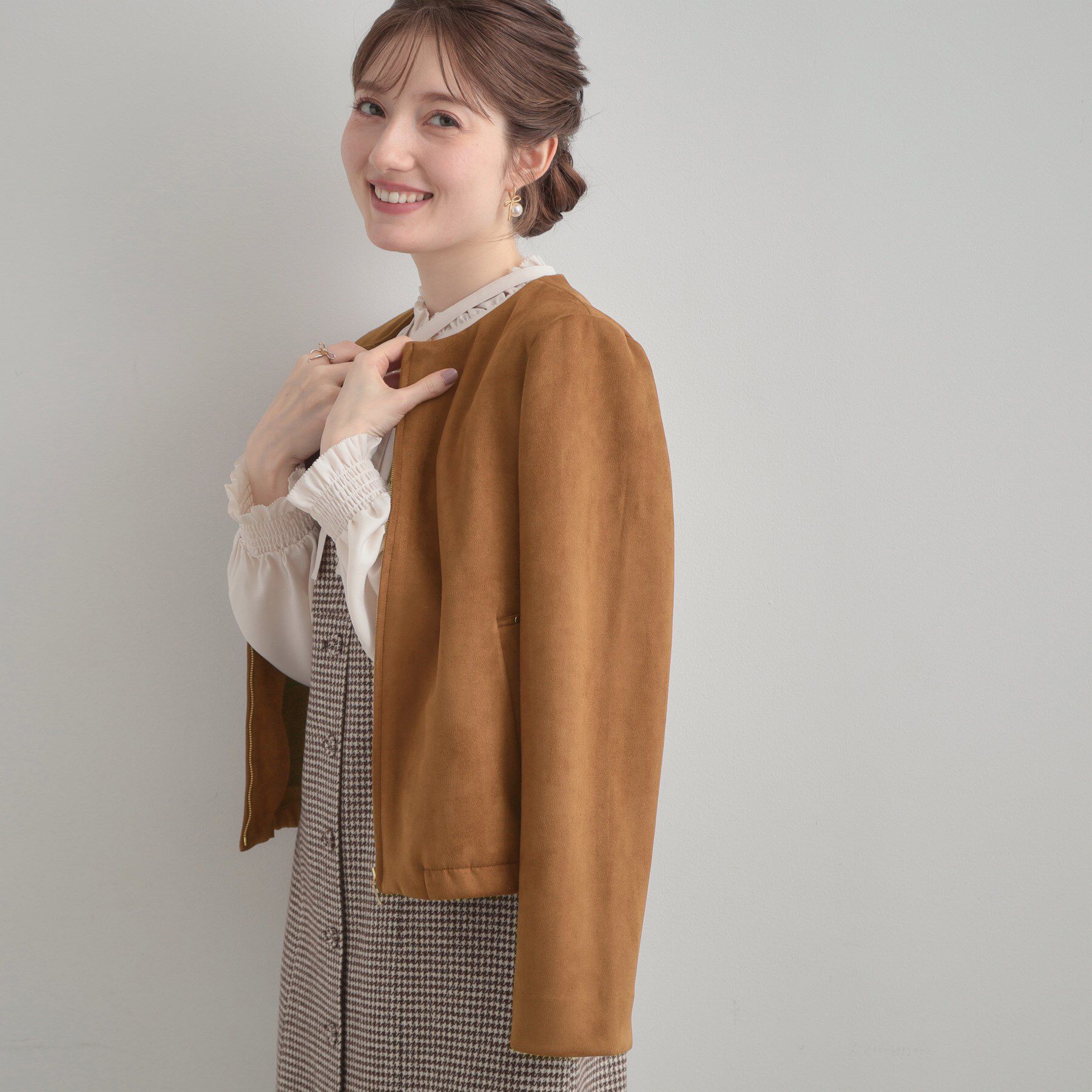 Couture broach「【通勤・大人上品】スエード調ダンボール ノーカラージャケット」|ブルゾン・スタジャン|