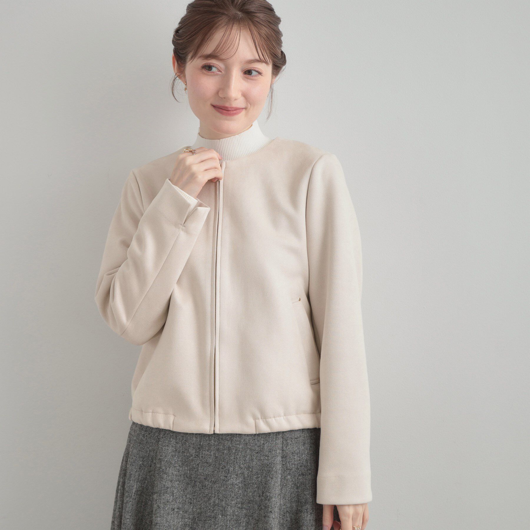 Couture broach「【通勤・大人上品】スエード調ダンボール ノーカラージャケット」|ブルゾン・スタジャン|