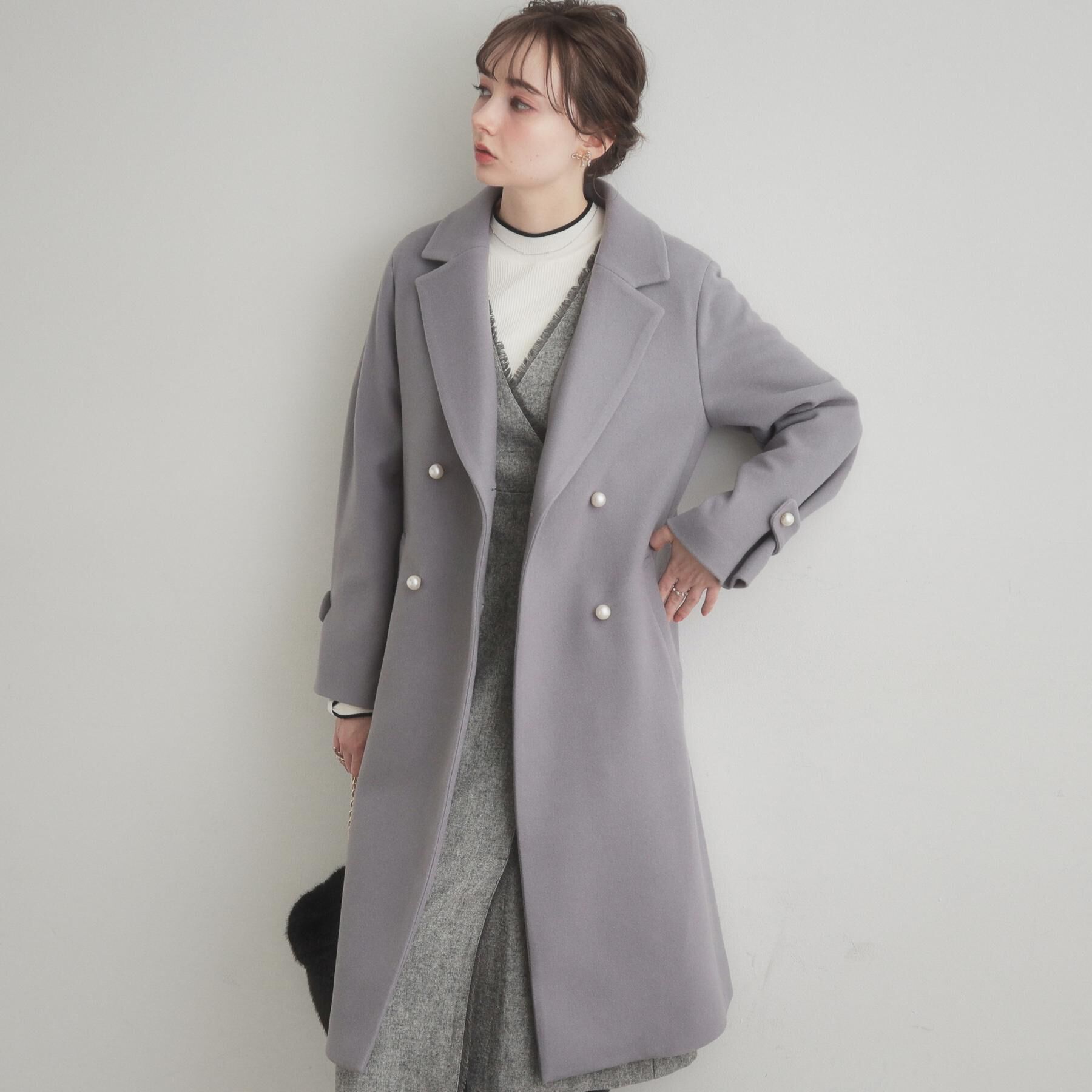 Couture broach「【大人上品・ベルト付き】パール調釦チェスターコート」|チェスターコート|