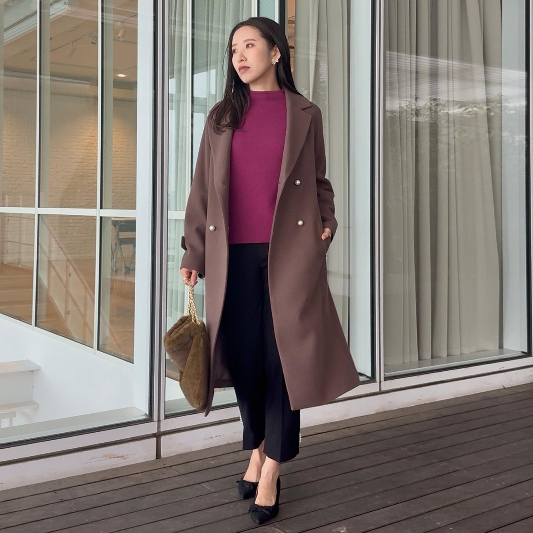 Couture broach「【大人上品・ベルト付き】パール調釦チェスターコート」|チェスターコート|