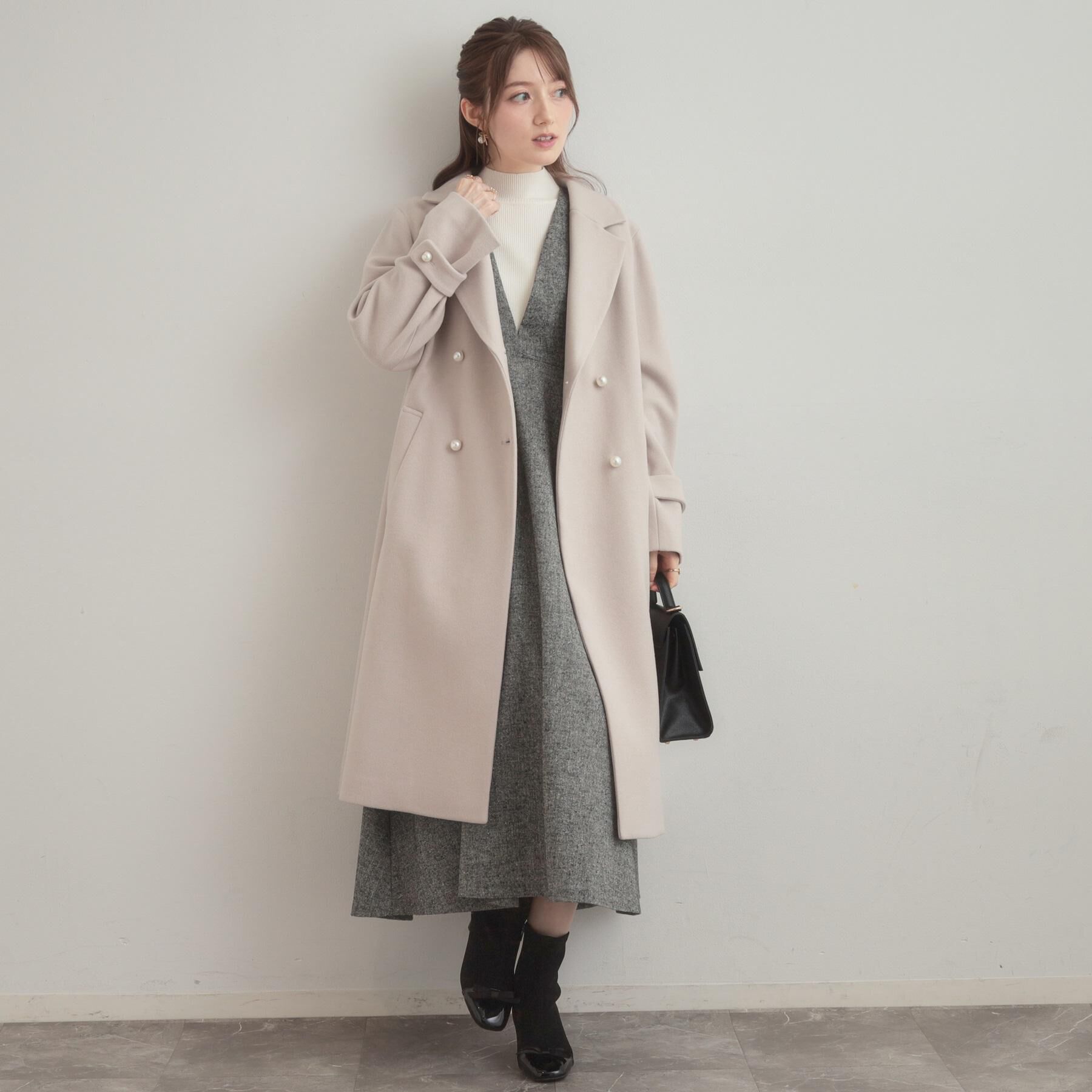 Couture broach「【大人上品・ベルト付き】パール調釦チェスターコート」|チェスターコート|