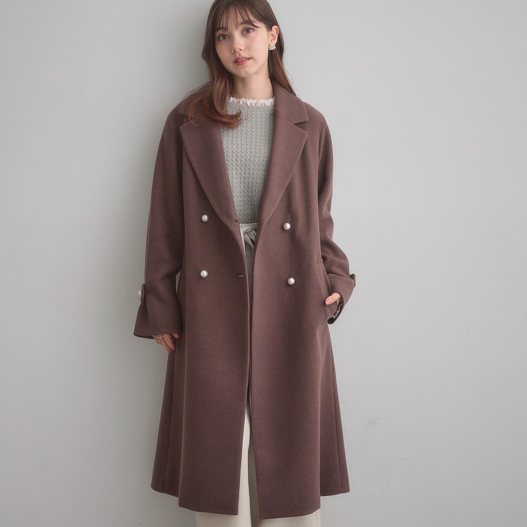 Couture broach「【大人上品・ベルト付き】パール調釦チェスターコート」|チェスターコート|モカブラウン(042