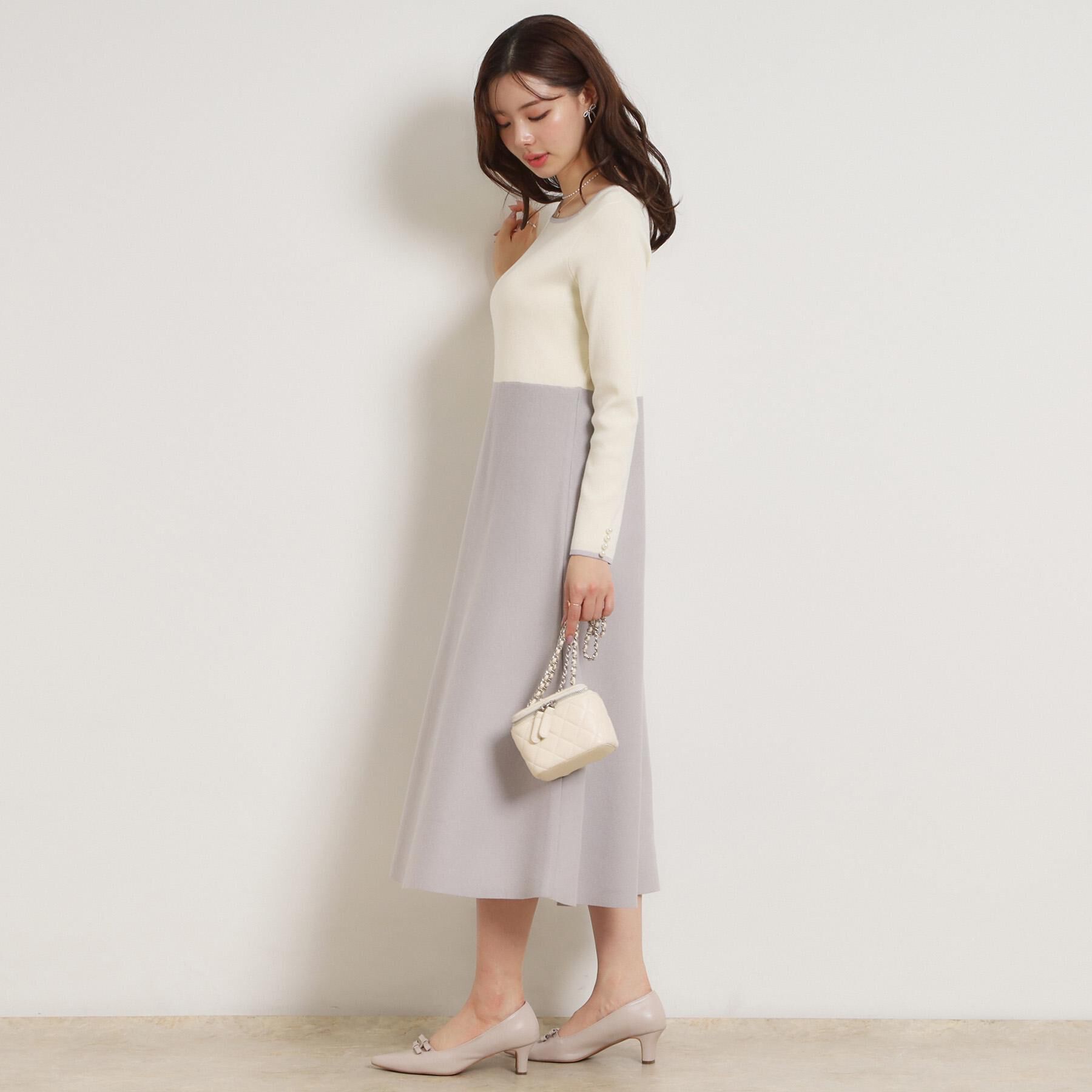 Couture broach「【ハレの日・通勤】スクエアネック バイカラー ニットワンピース」|ワンピース|