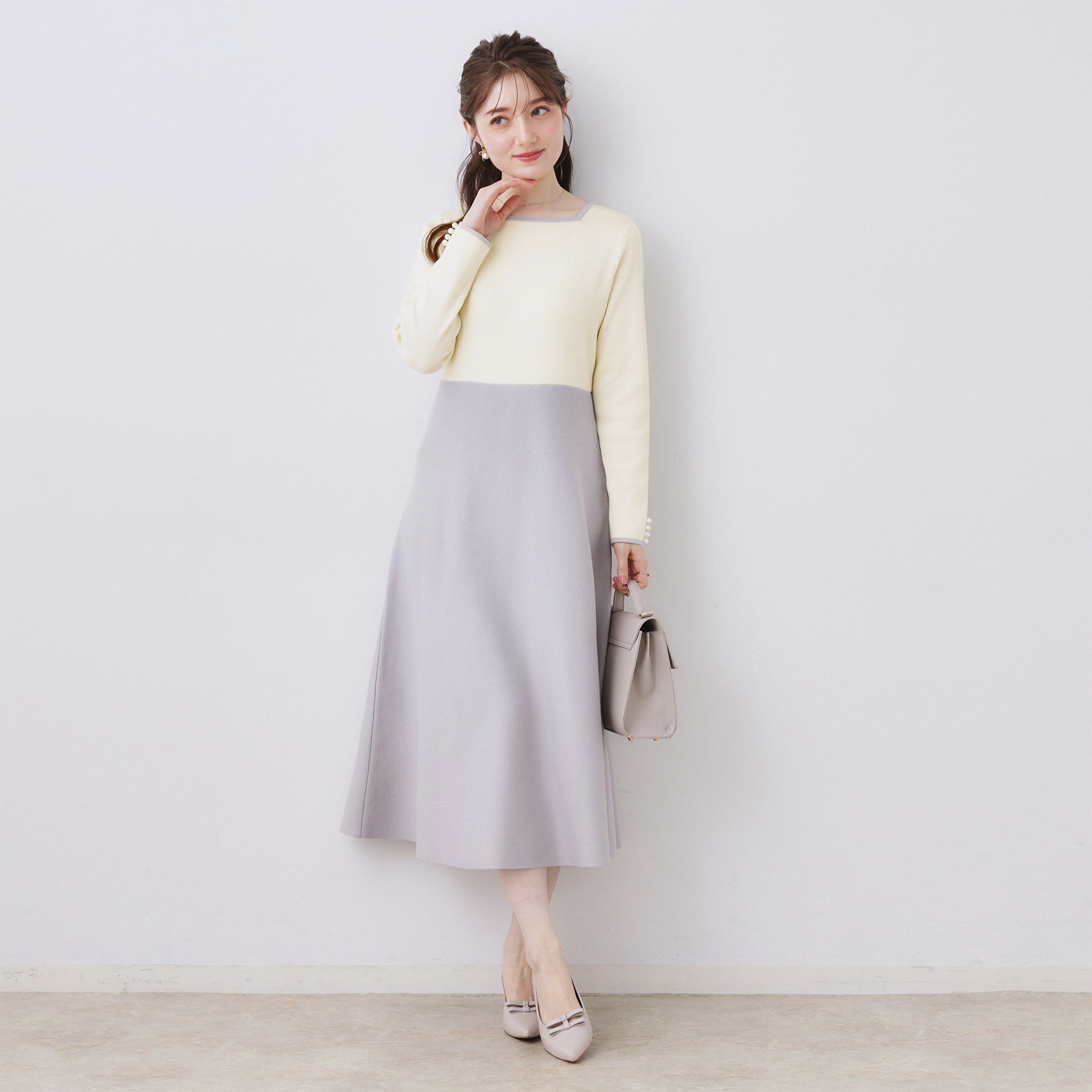 Couture broach「【ハレの日・通勤】スクエアネック バイカラー ニットワンピース」|ワンピース|