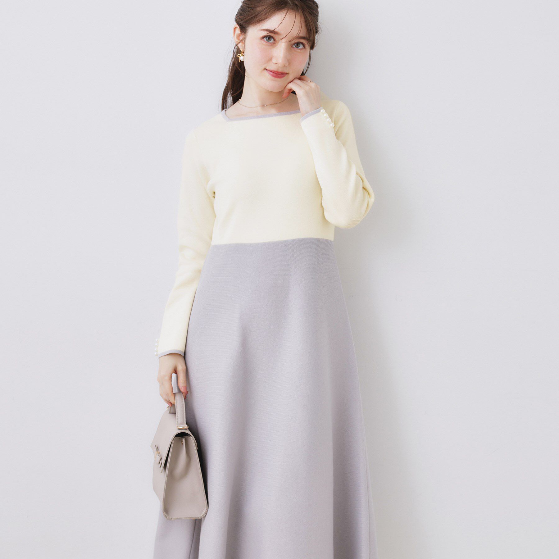 Couture broach「【ハレの日・通勤】スクエアネック バイカラー ニットワンピース」|ワンピース|