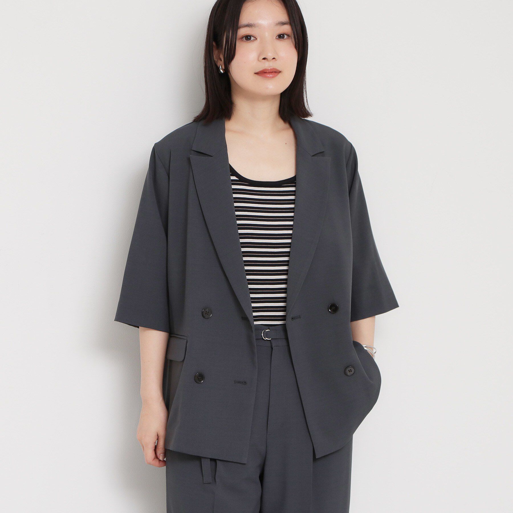 THE SHOP TK「麻調合繊Wブレスト6分袖ジャケット（セットアップ対応）」|テーラードジャケット|