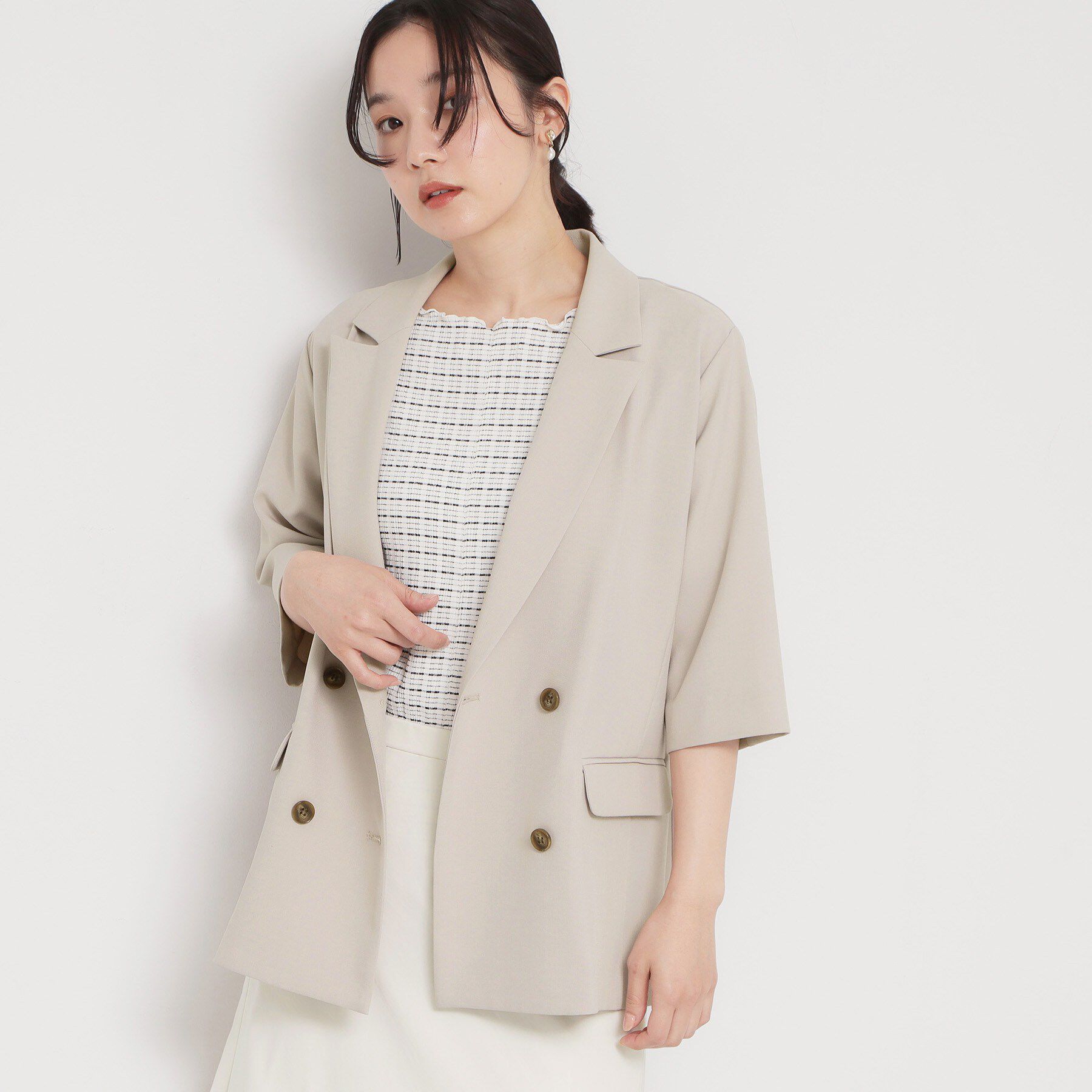 THE SHOP TK「麻調合繊Wブレスト6分袖ジャケット（セットアップ対応）」|テーラードジャケット|