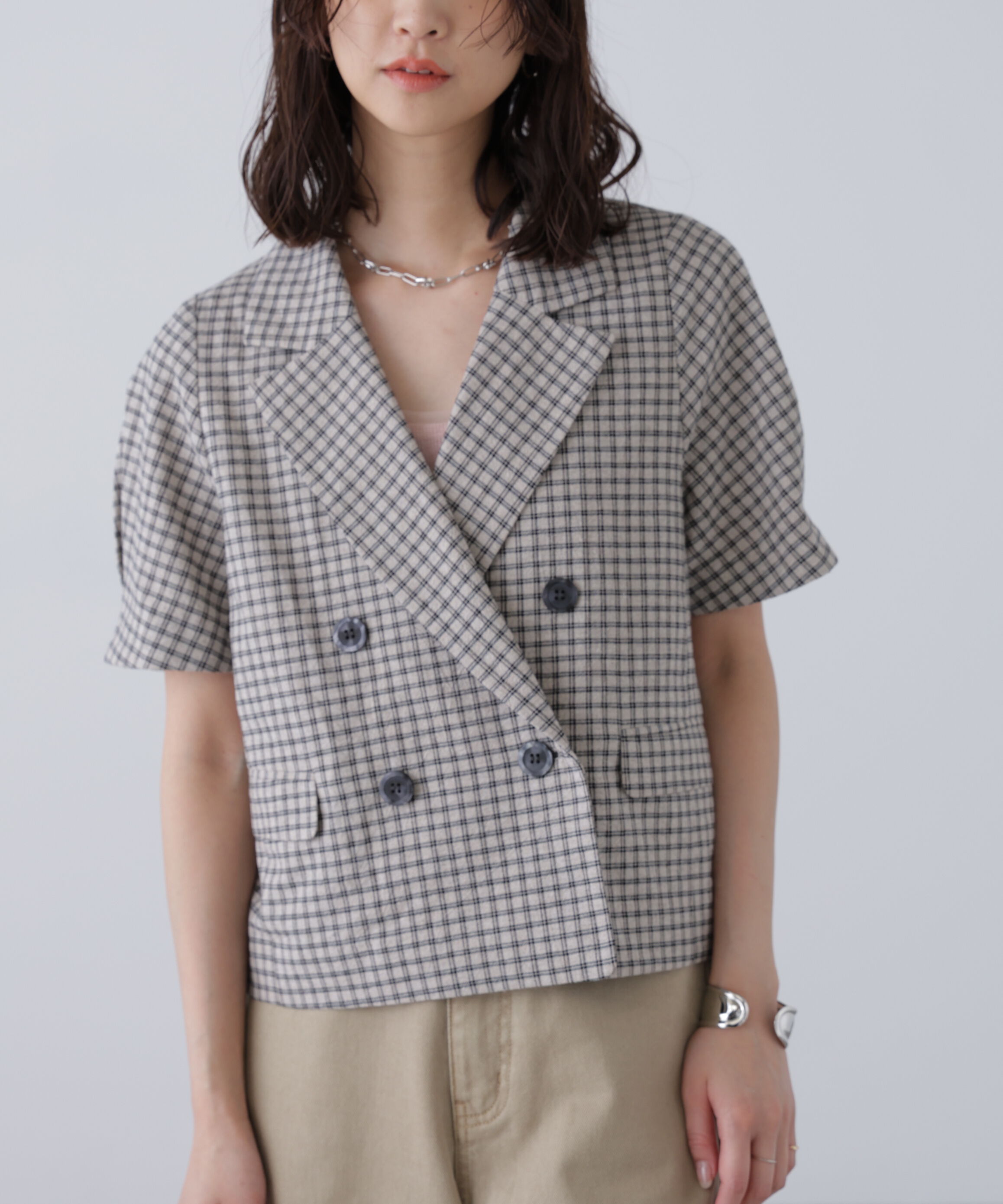  「袖コクーンダブルブレストハーフジャケット」|その他|